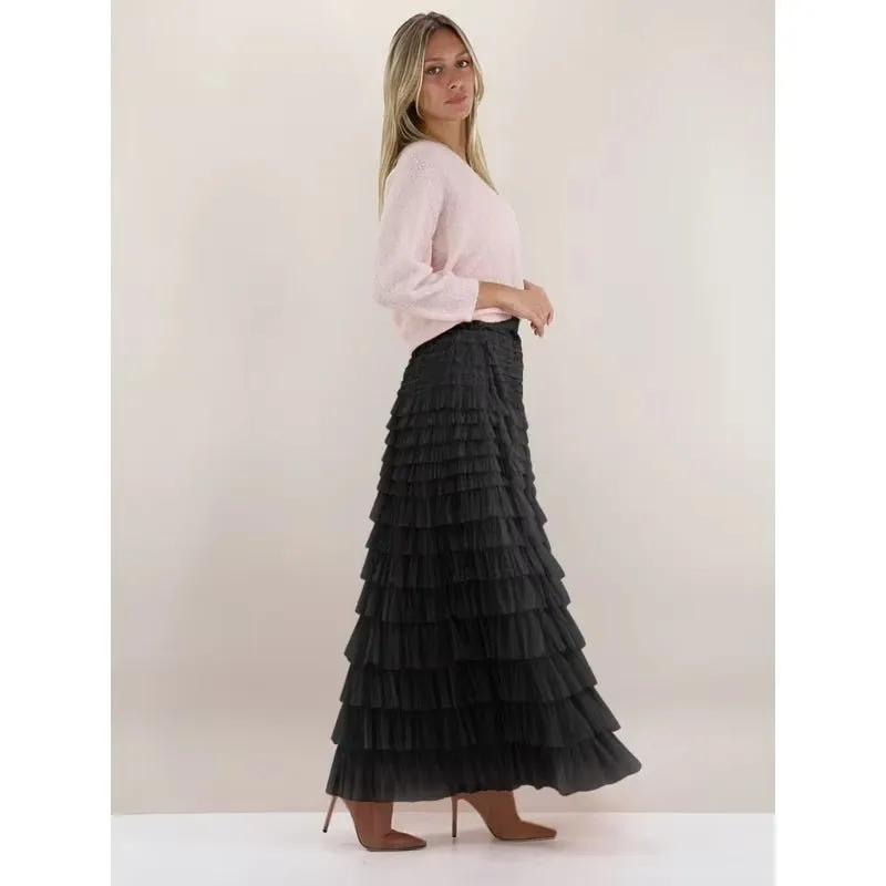 FAIRYTALE TIERED RUFFLE TULLE MESH SKIRT BLACK