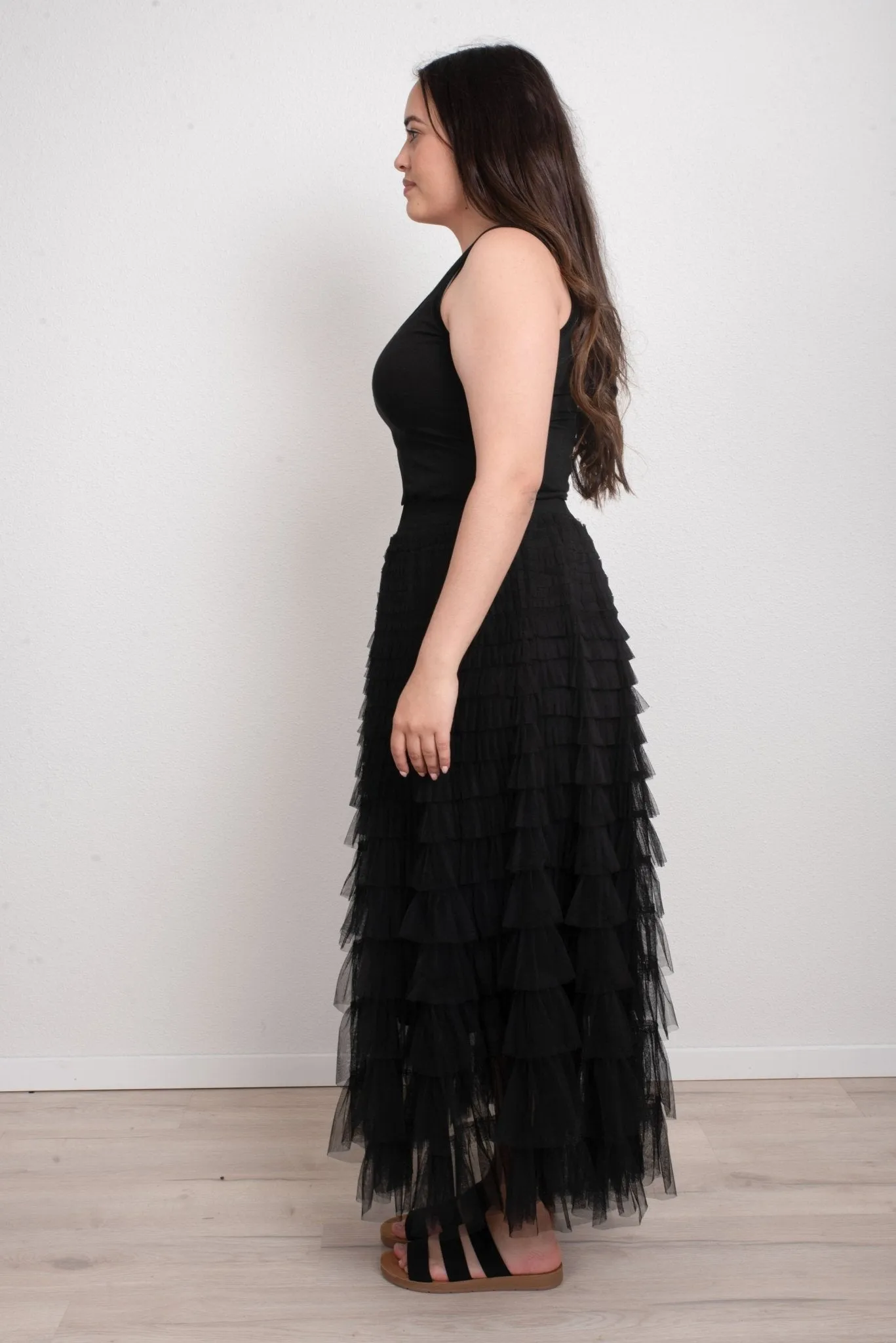 FAIRYTALE TIERED RUFFLE TULLE MESH SKIRT BLACK