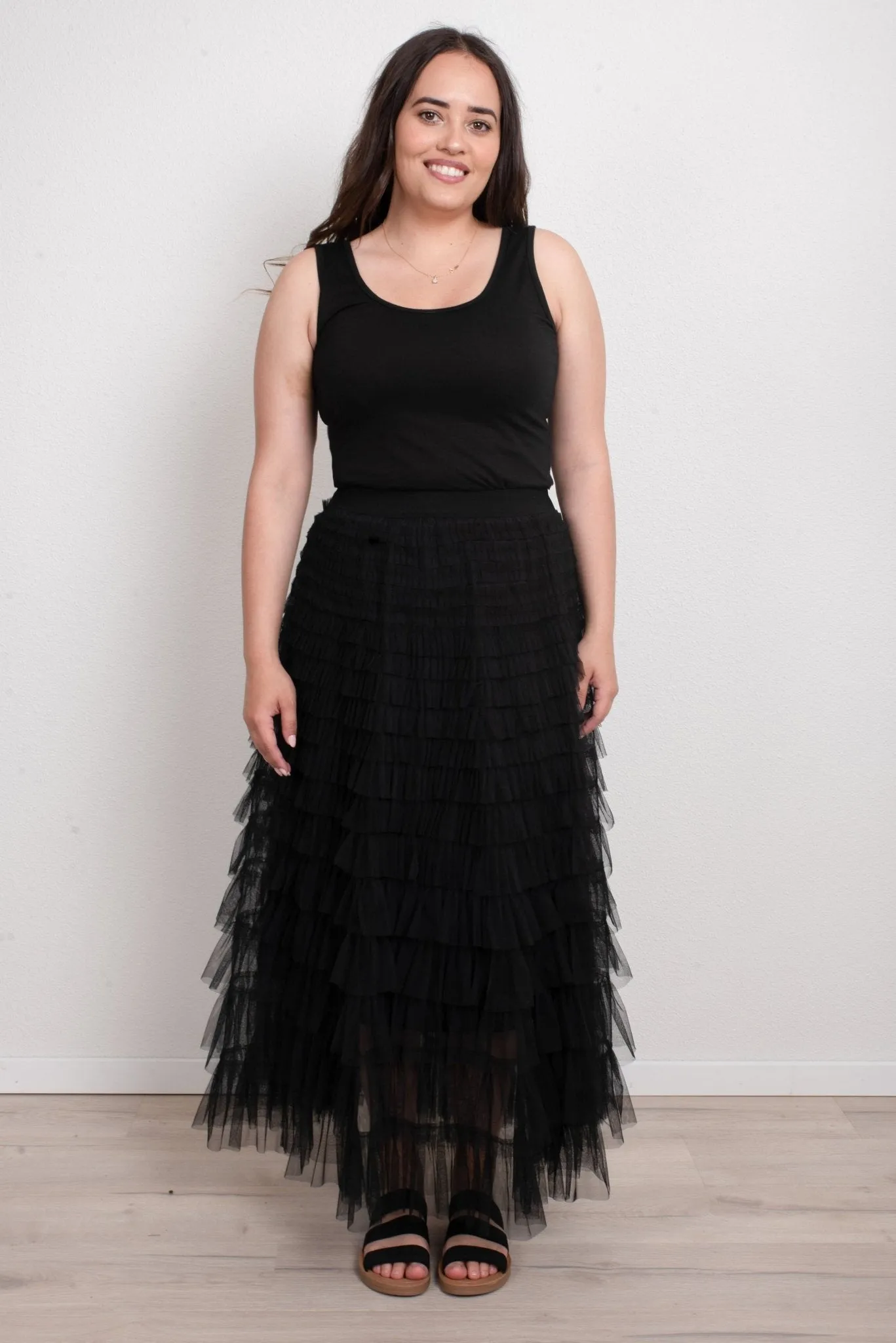 FAIRYTALE TIERED RUFFLE TULLE MESH SKIRT BLACK