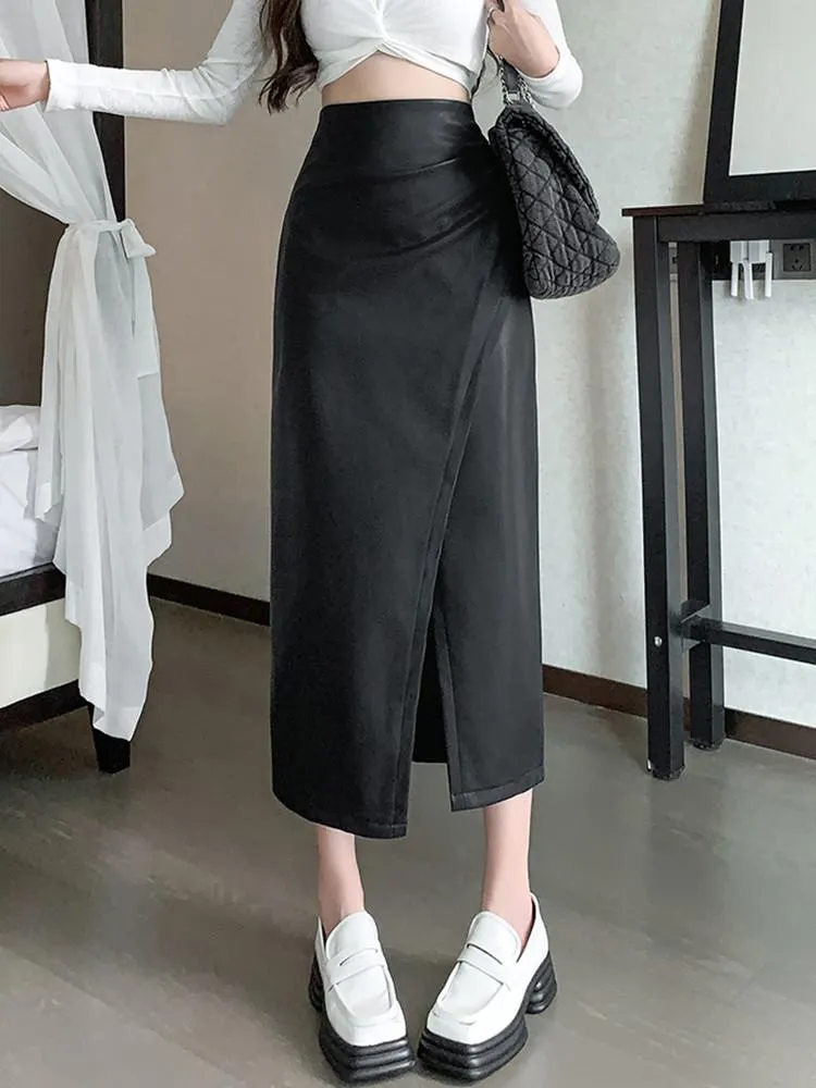 Fashionkova High Waist Pencil Skirt Women New Arrival 2023 Autumn Korean Style Solid Color PU Leather Office Lady Elegant Long Skirts W1362