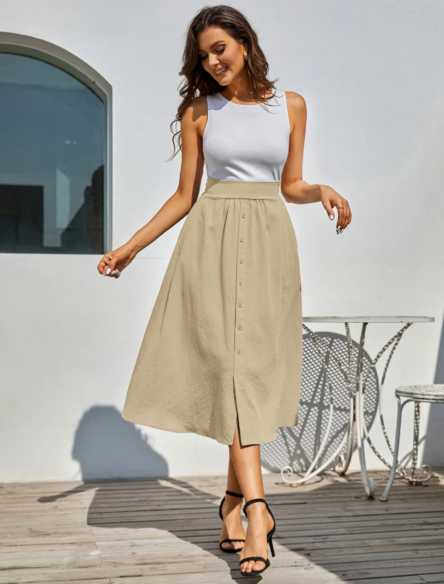 Front Slit Skirt Elastic High Waist Buttons Decorated A-Line Skirt