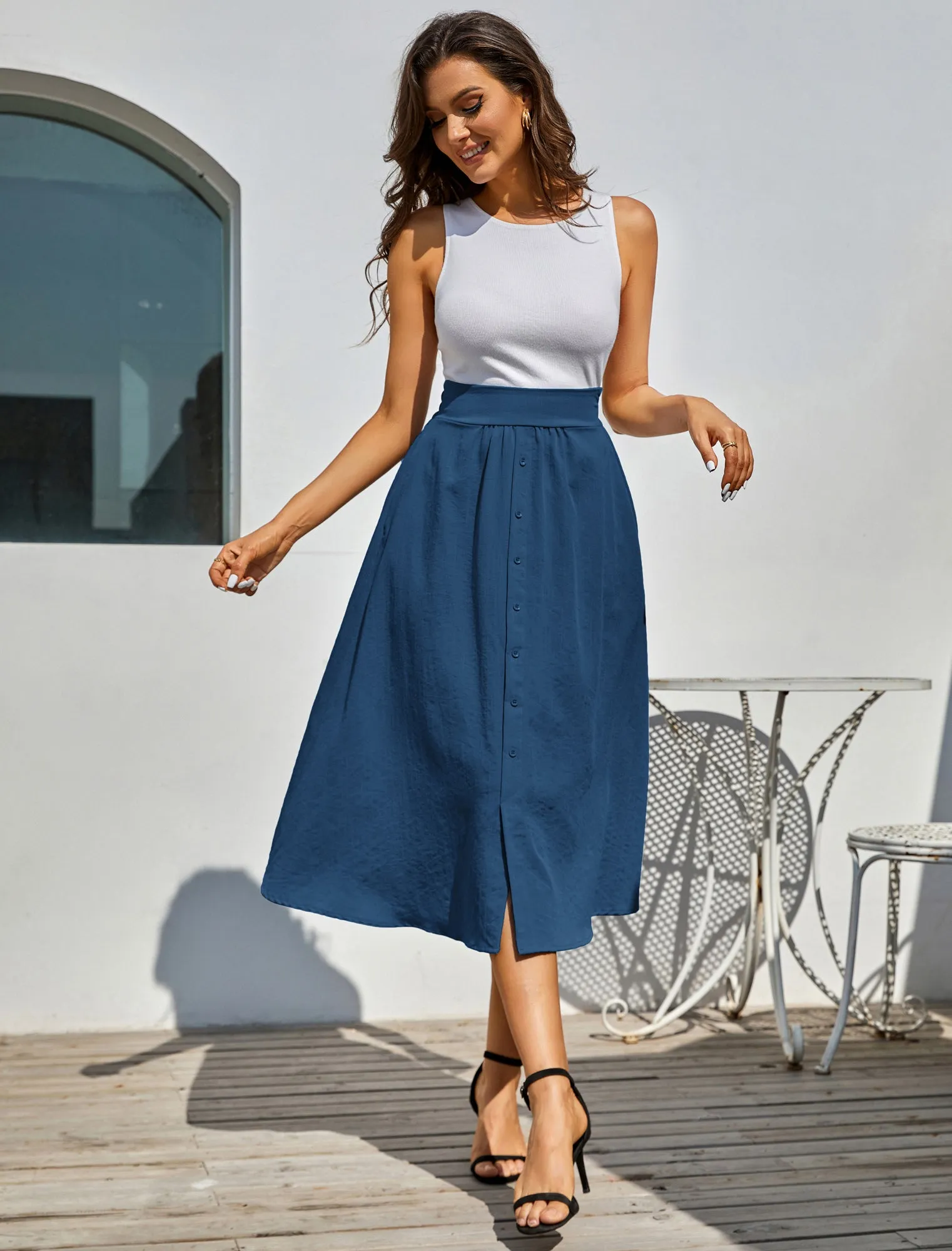 Front Slit Skirt Elastic High Waist Buttons Decorated A-Line Skirt