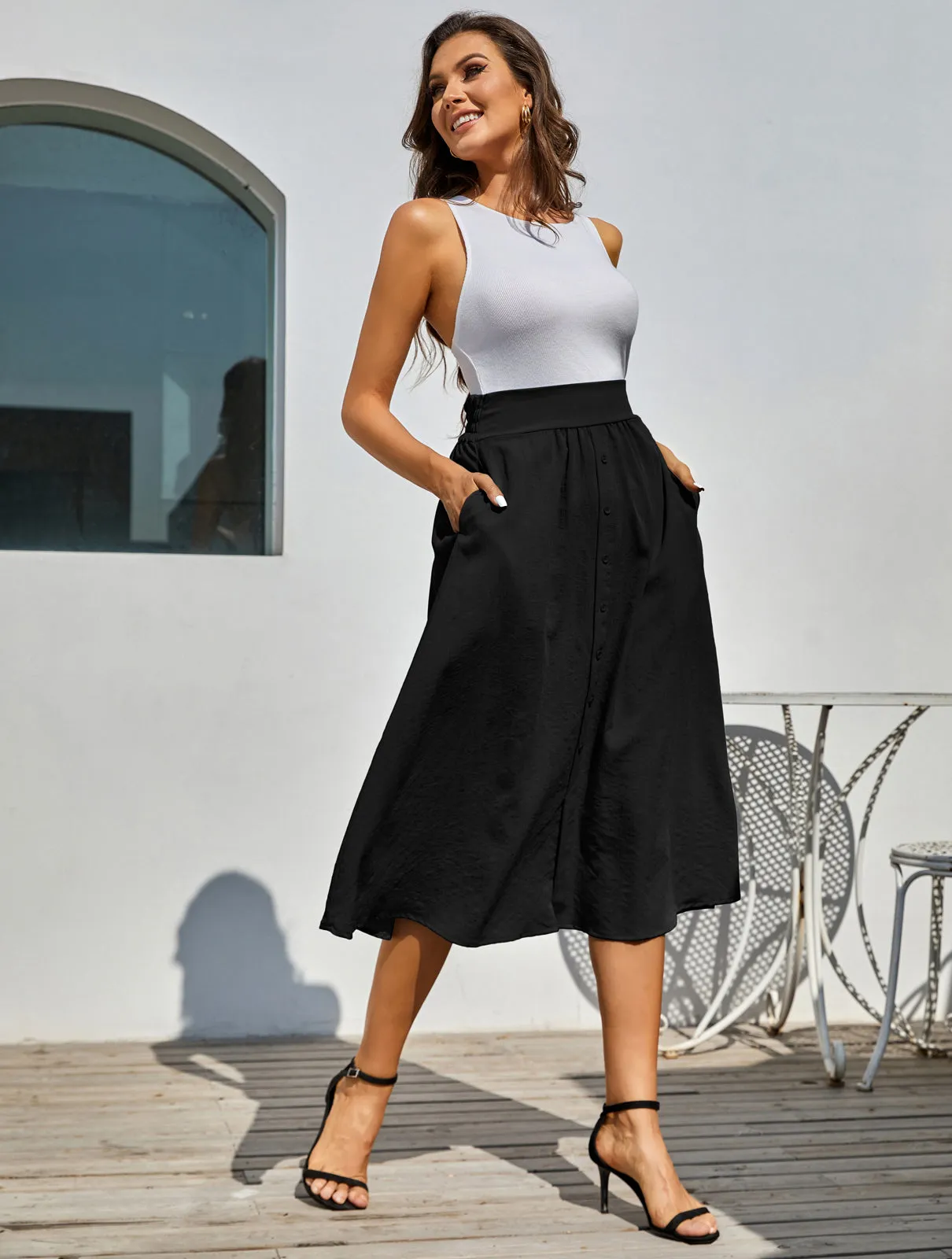 Front Slit Skirt Elastic High Waist Buttons Decorated A-Line Skirt