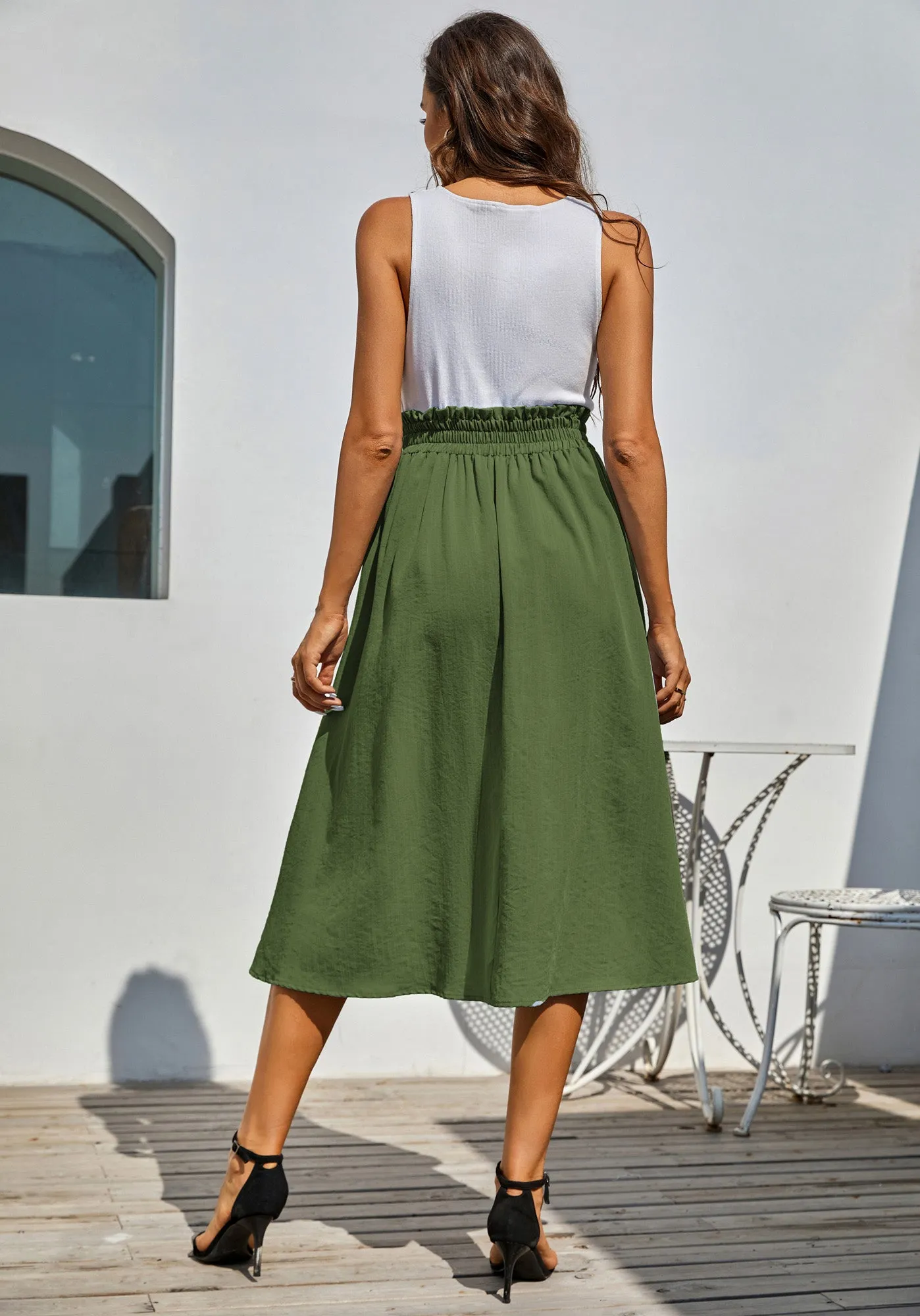 Front Slit Skirt Elastic High Waist Buttons Decorated A-Line Skirt