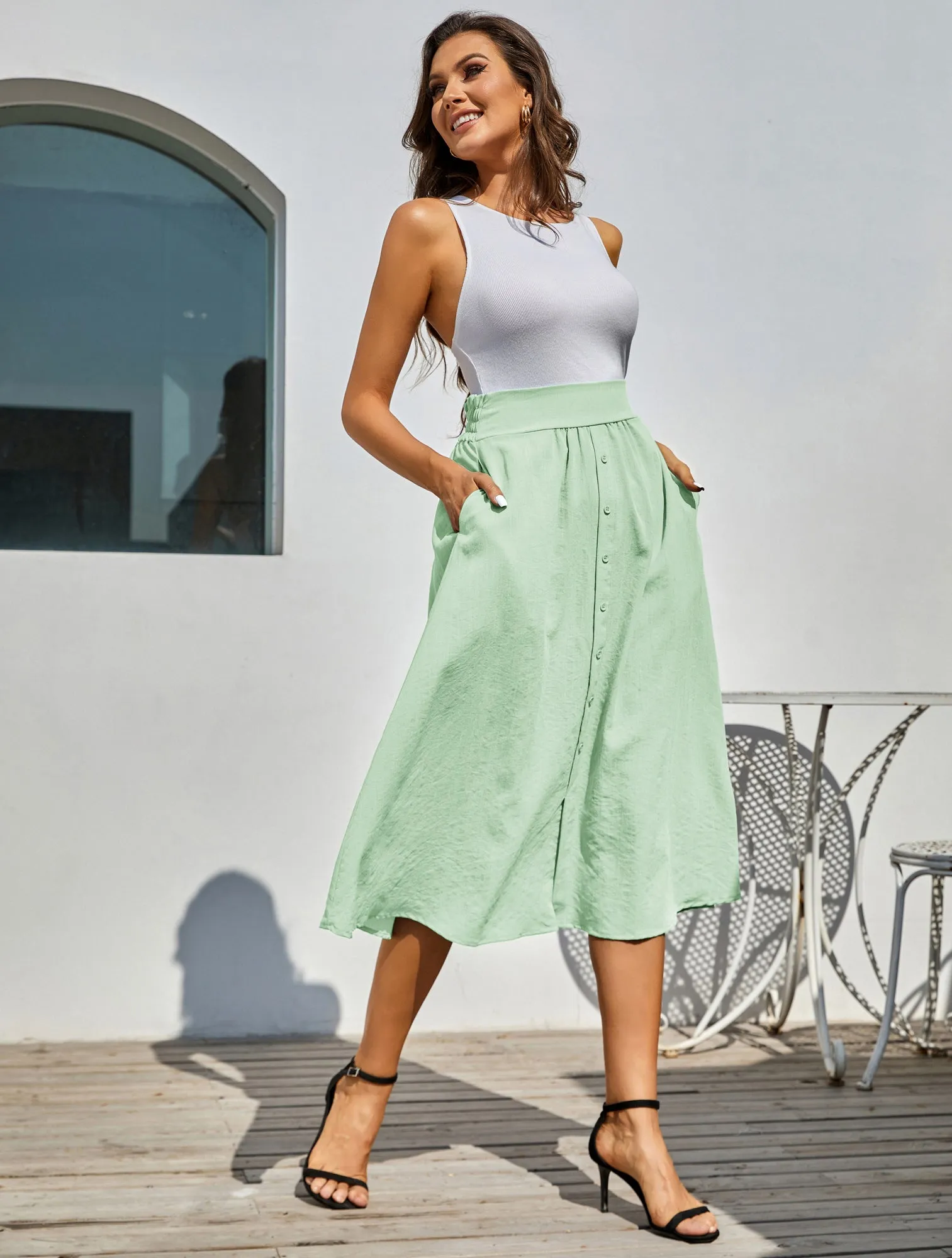 Front Slit Skirt Elastic High Waist Buttons Decorated A-Line Skirt