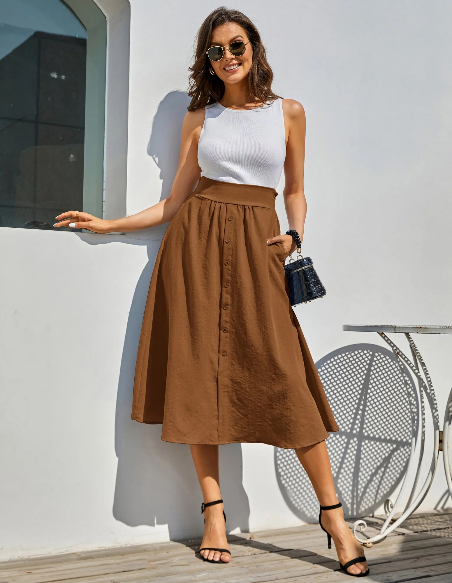 Front Slit Skirt Elastic High Waist Buttons Decorated A-Line Skirt