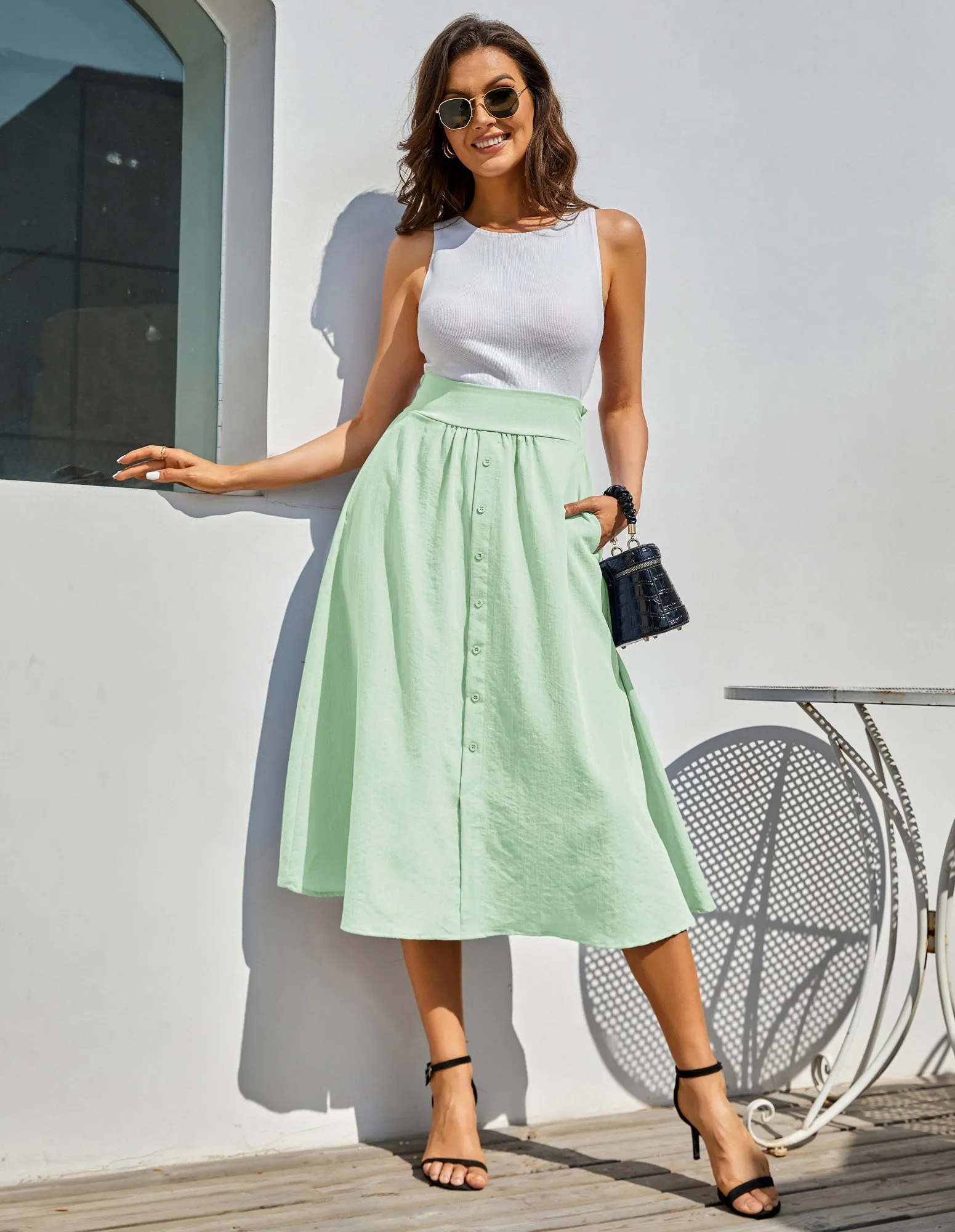 Front Slit Skirt Elastic High Waist Buttons Decorated A-Line Skirt