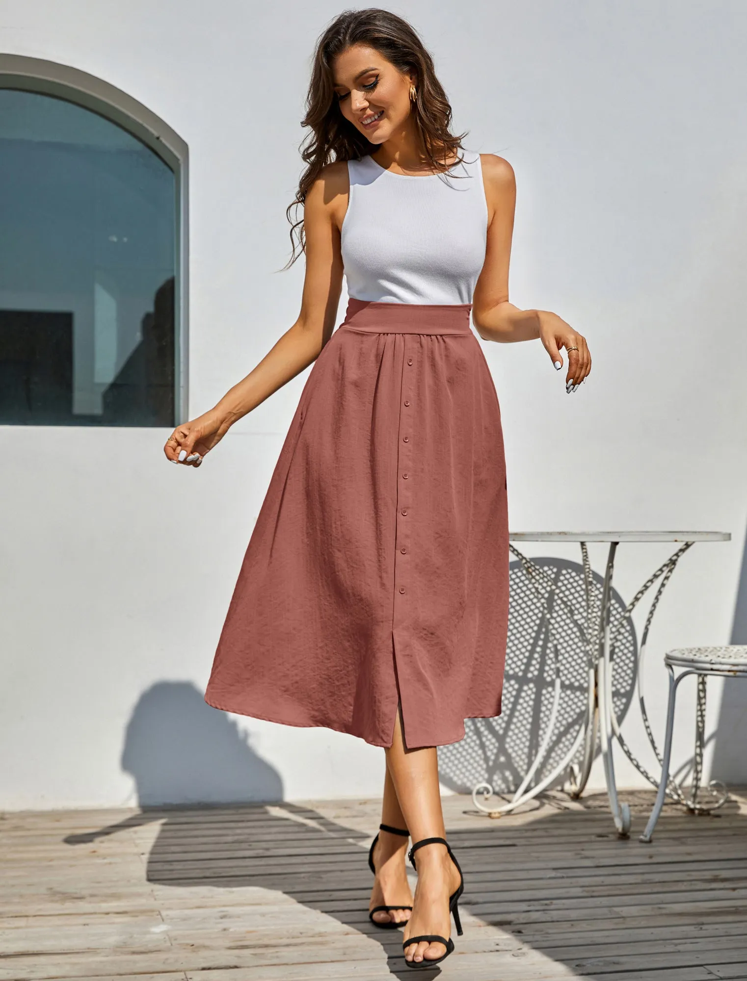 Front Slit Skirt Elastic High Waist Buttons Decorated A-Line Skirt