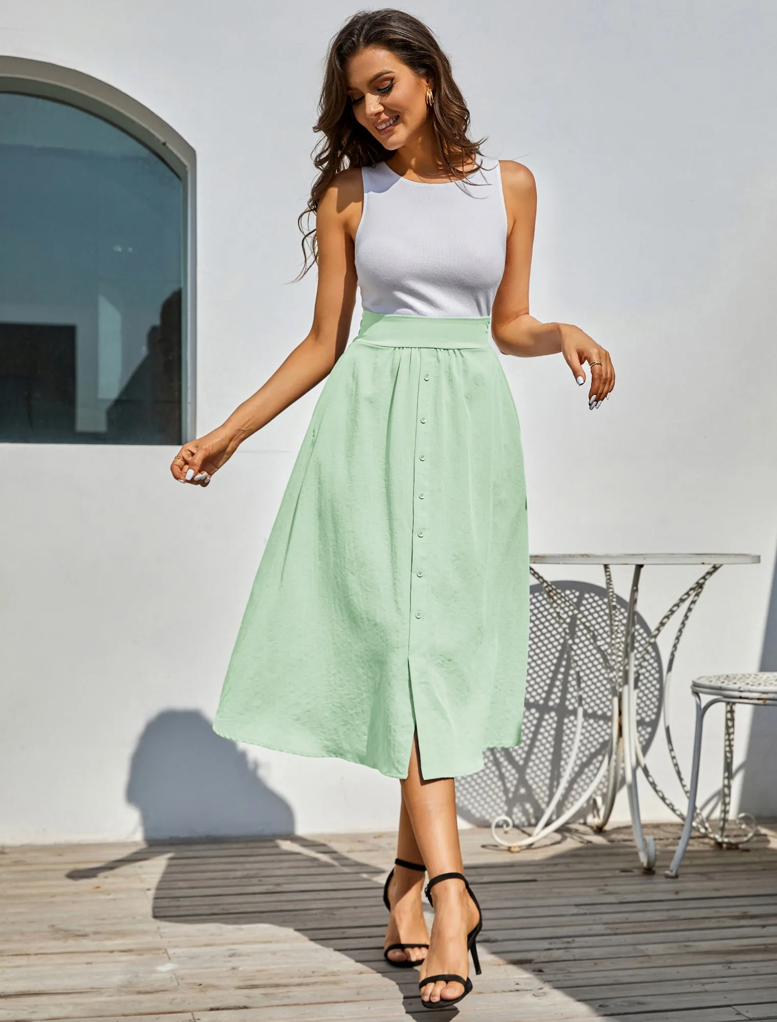 Front Slit Skirt Elastic High Waist Buttons Decorated A-Line Skirt