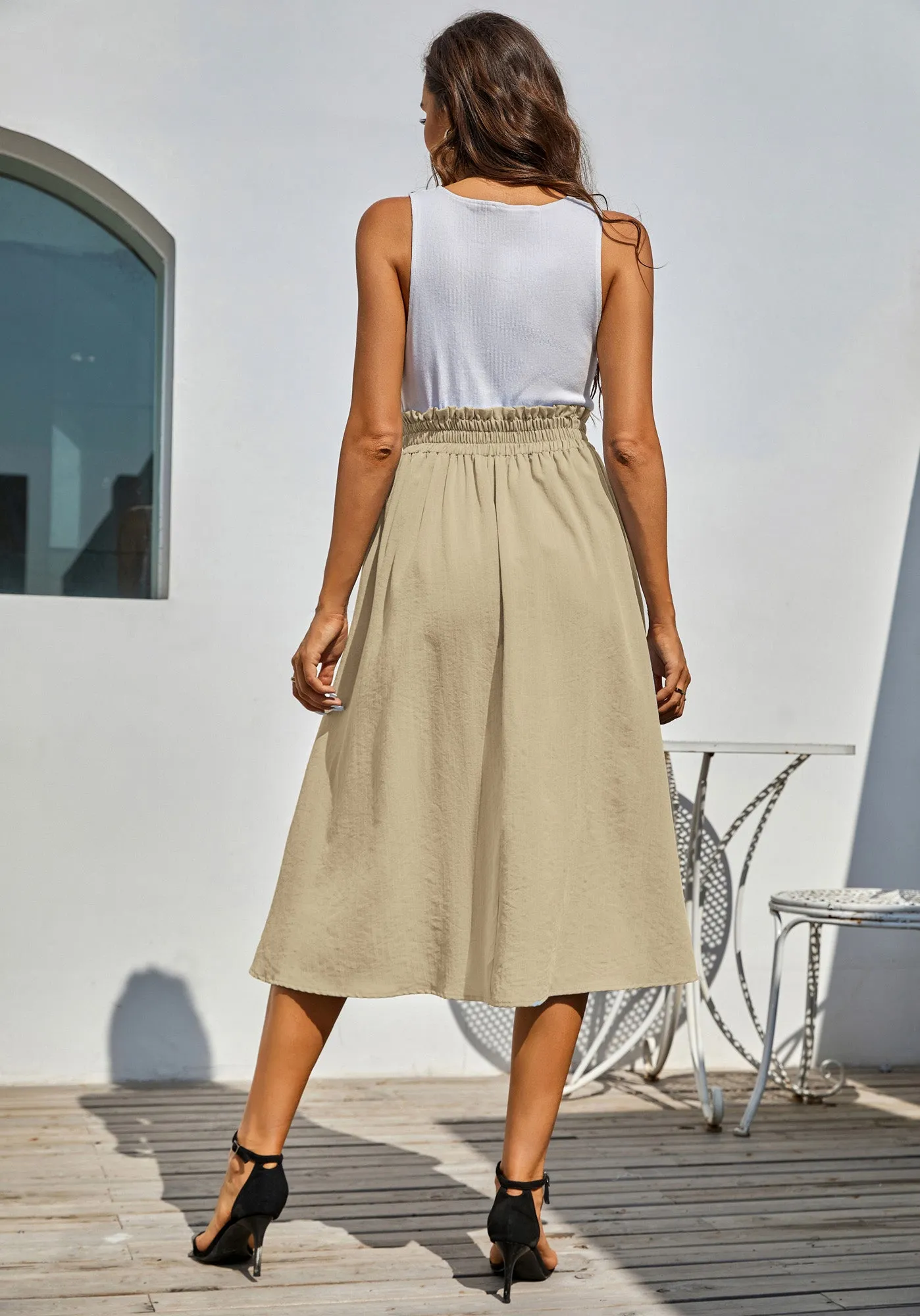 Front Slit Skirt Elastic High Waist Buttons Decorated A-Line Skirt