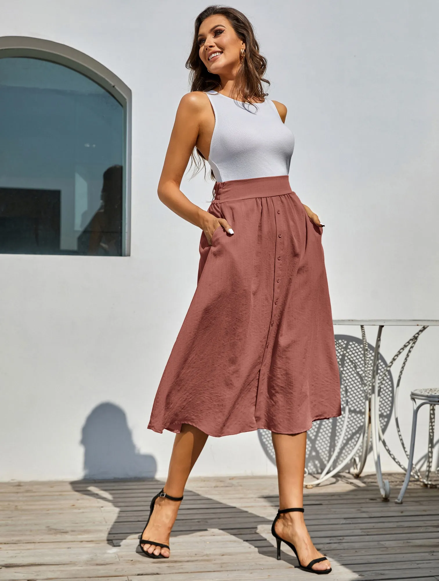 Front Slit Skirt Elastic High Waist Buttons Decorated A-Line Skirt