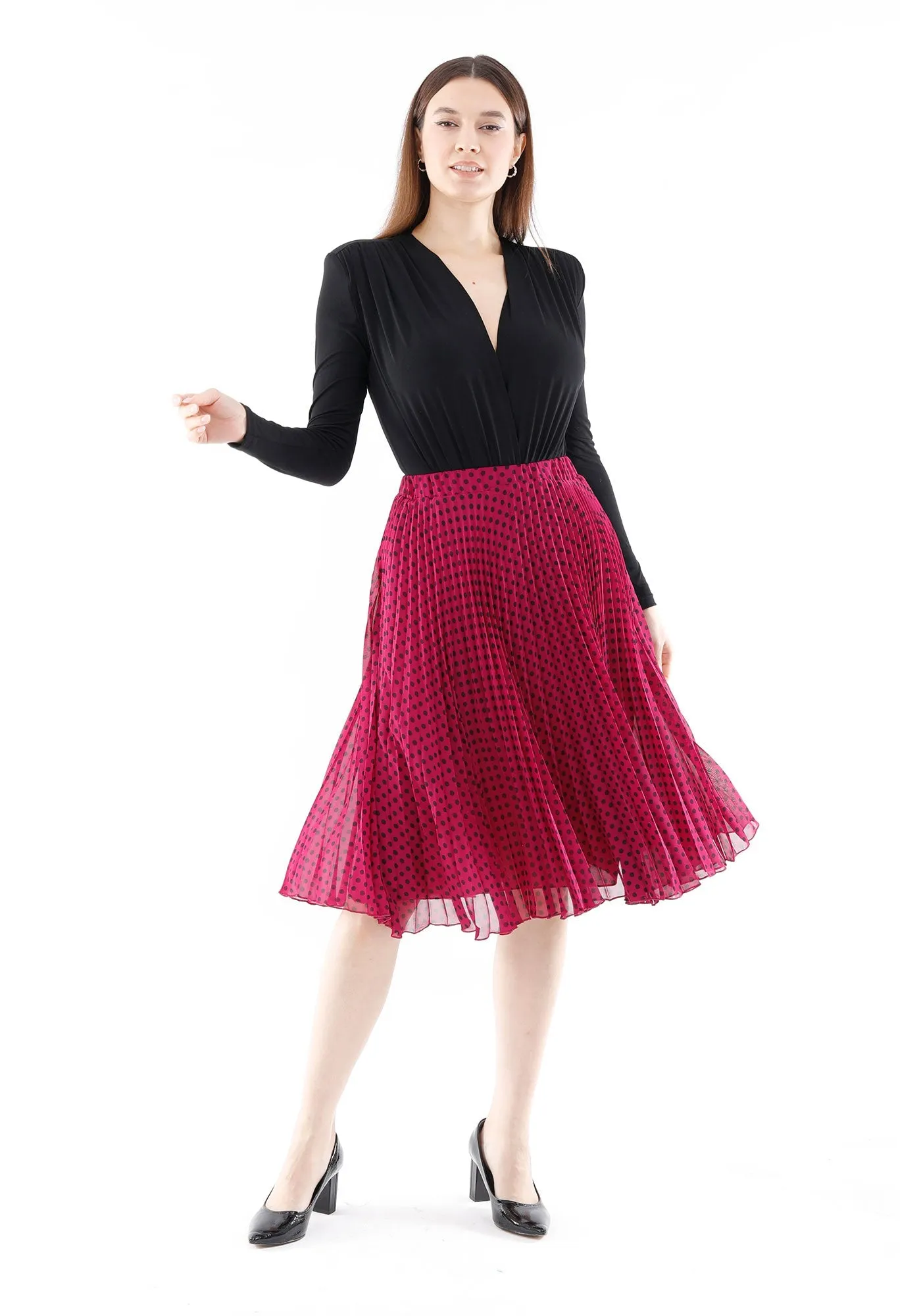 Fuchsia Chiffon Polka Dot Pattern Pleated Midi Skirt