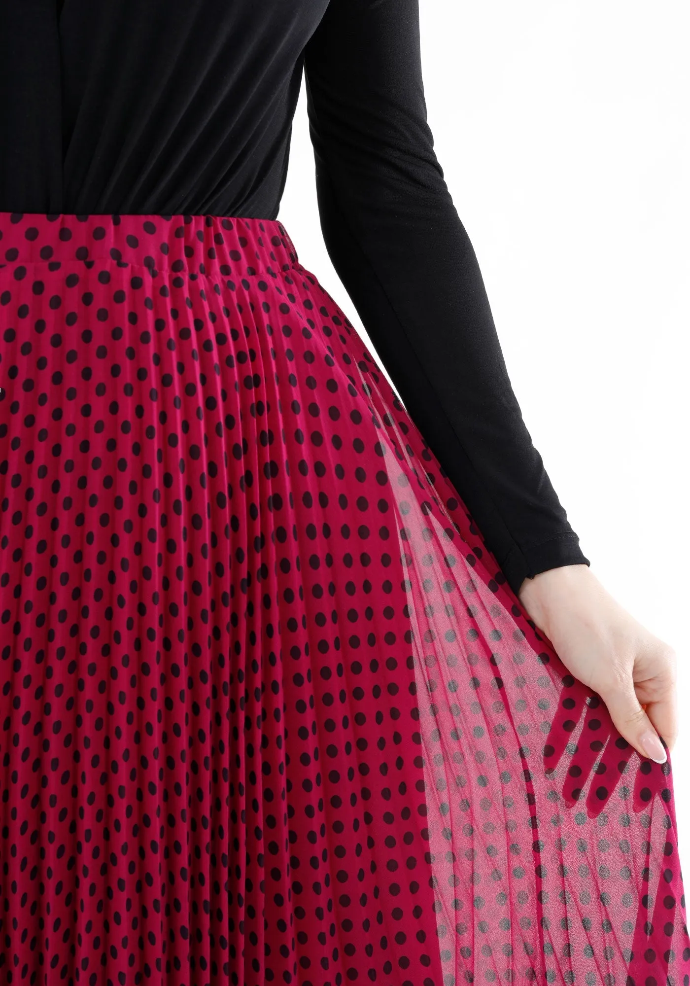 Fuchsia Chiffon Polka Dot Pattern Pleated Midi Skirt