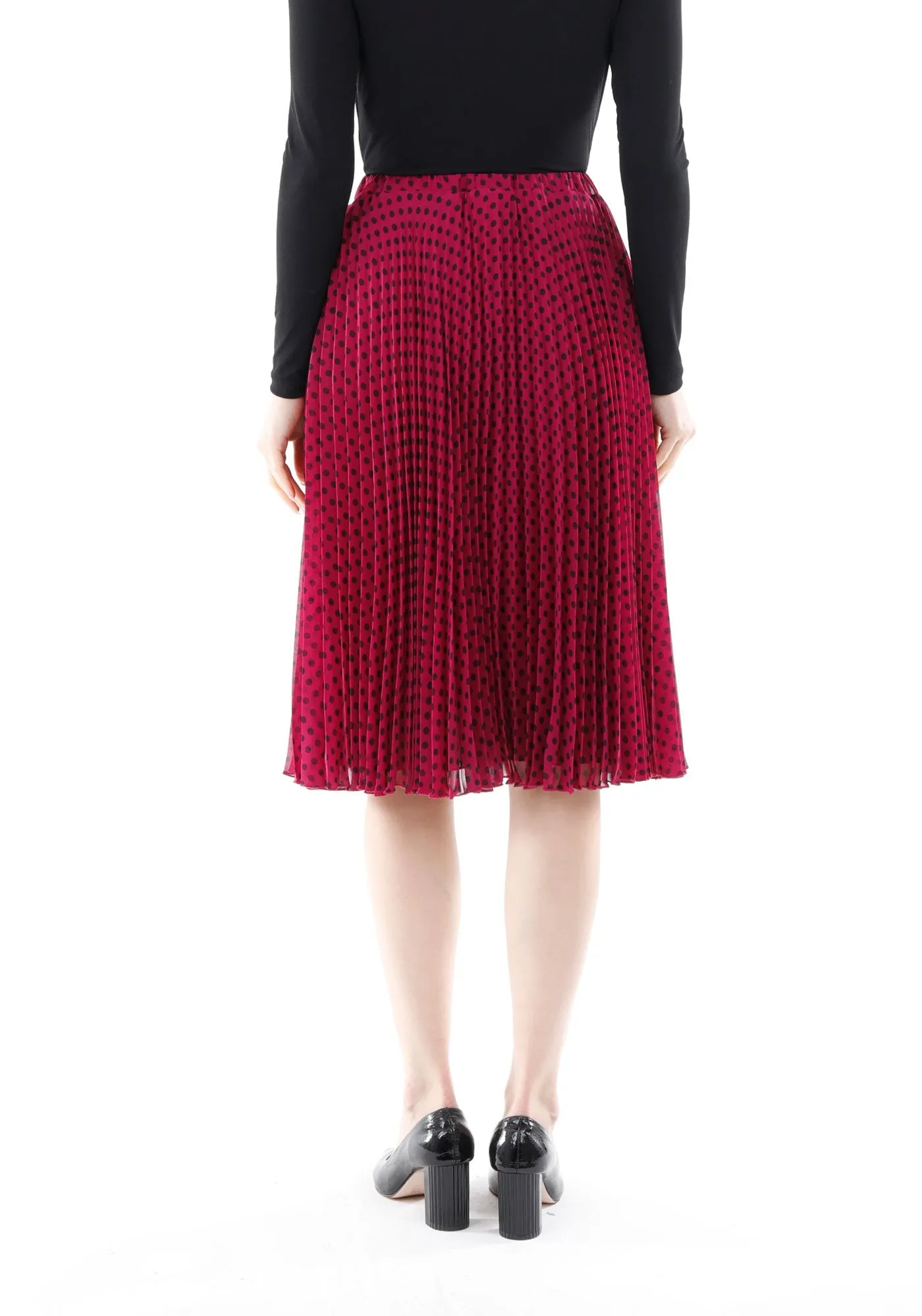 Fuchsia Chiffon Polka Dot Pattern Pleated Midi Skirt