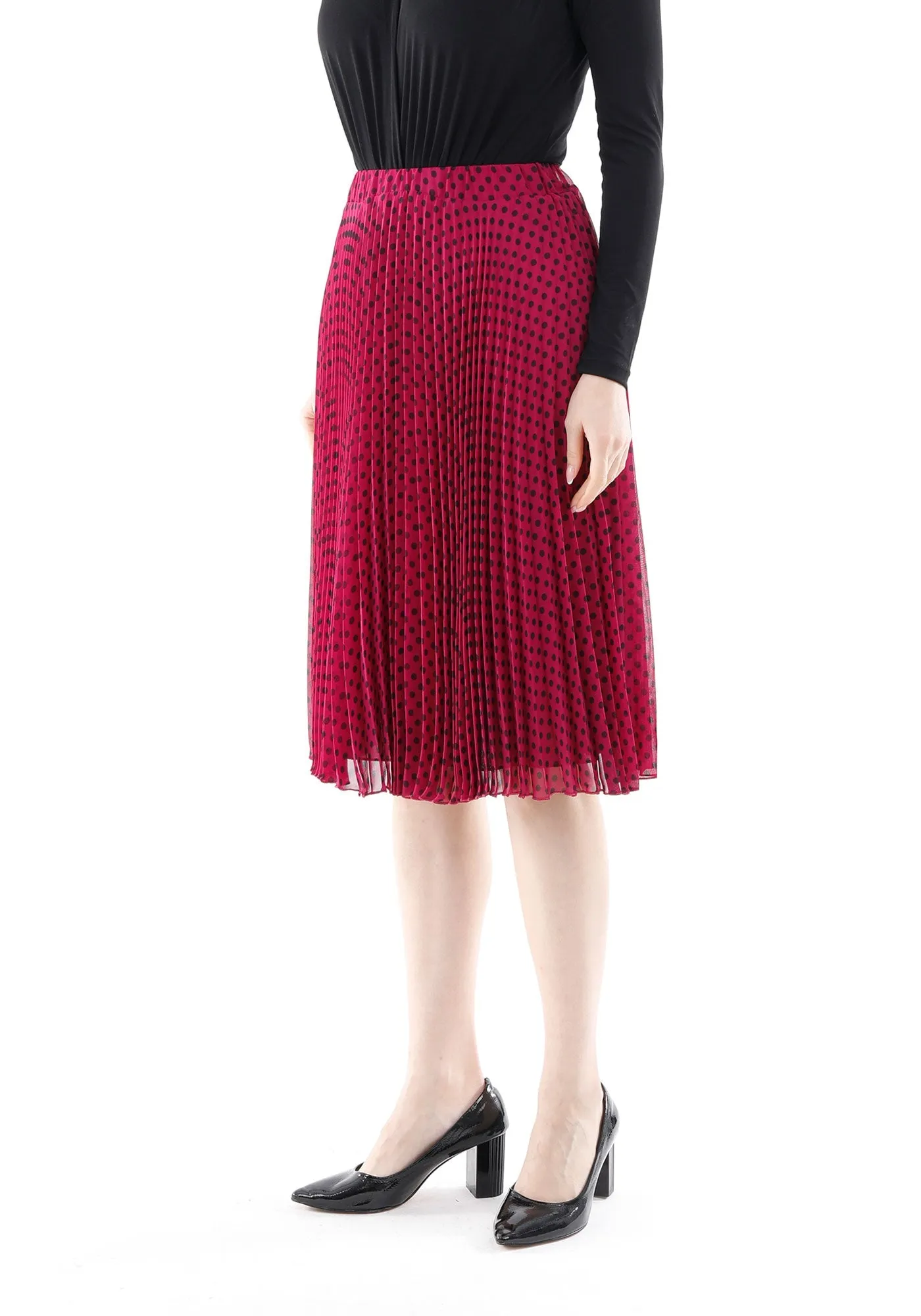 Fuchsia Chiffon Polka Dot Pattern Pleated Midi Skirt