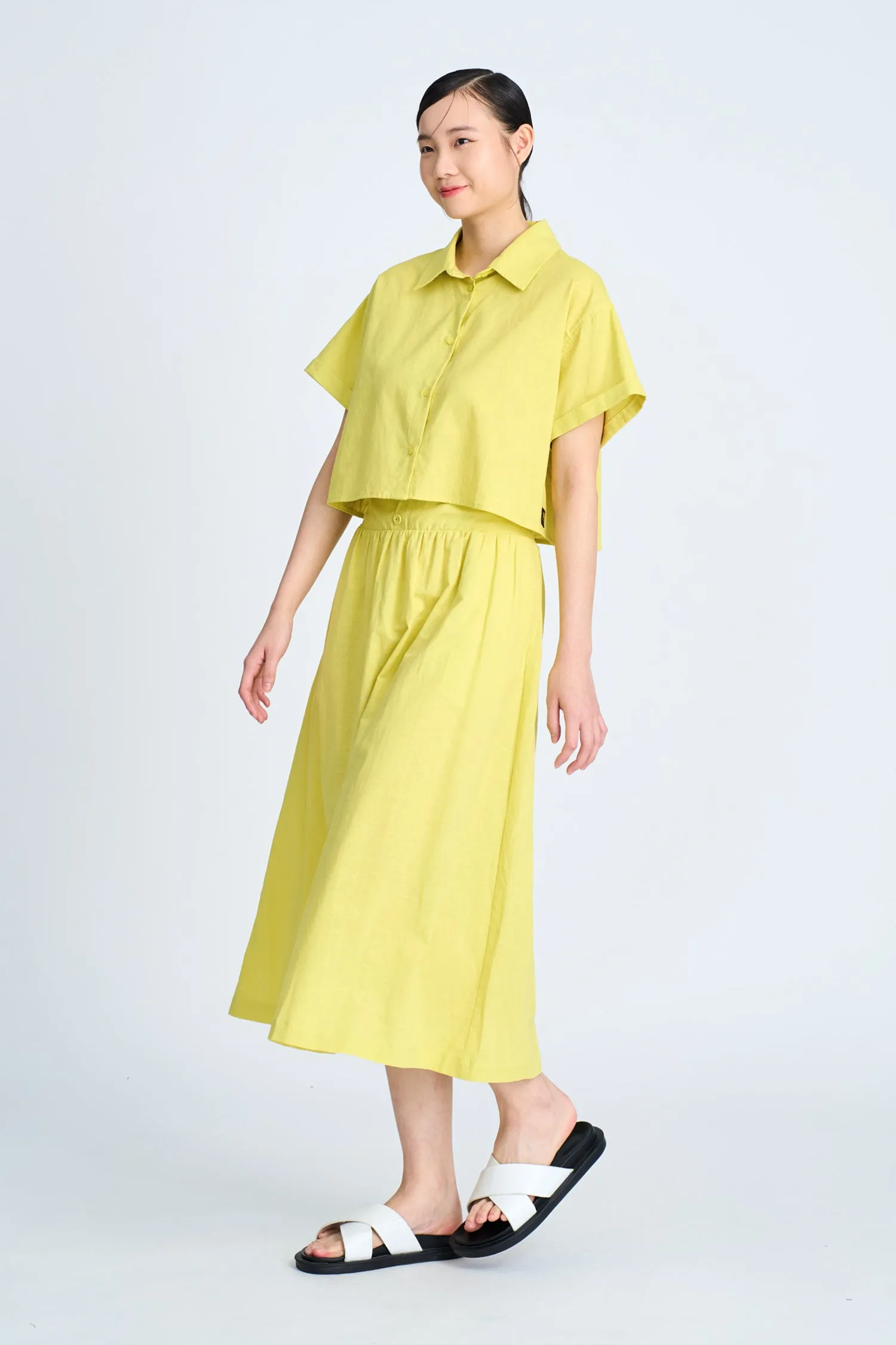 Gather Button Front Skirt - Chartreuse