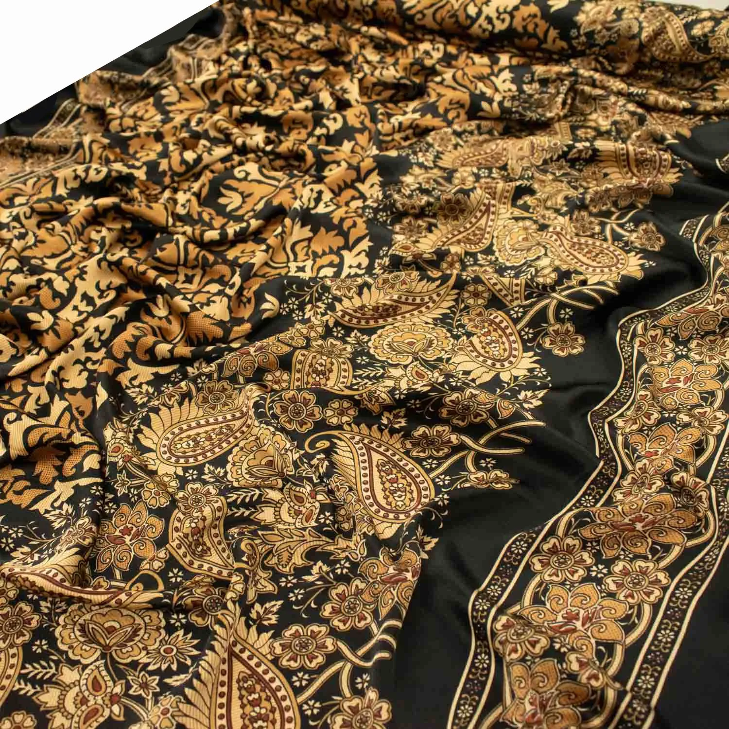 Gold Paisley Border Prints Satin & chiffon