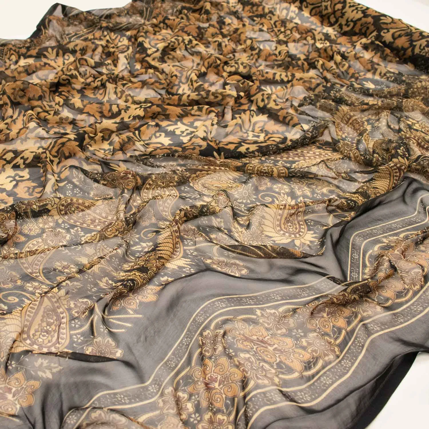 Gold Paisley Border Prints Satin & chiffon