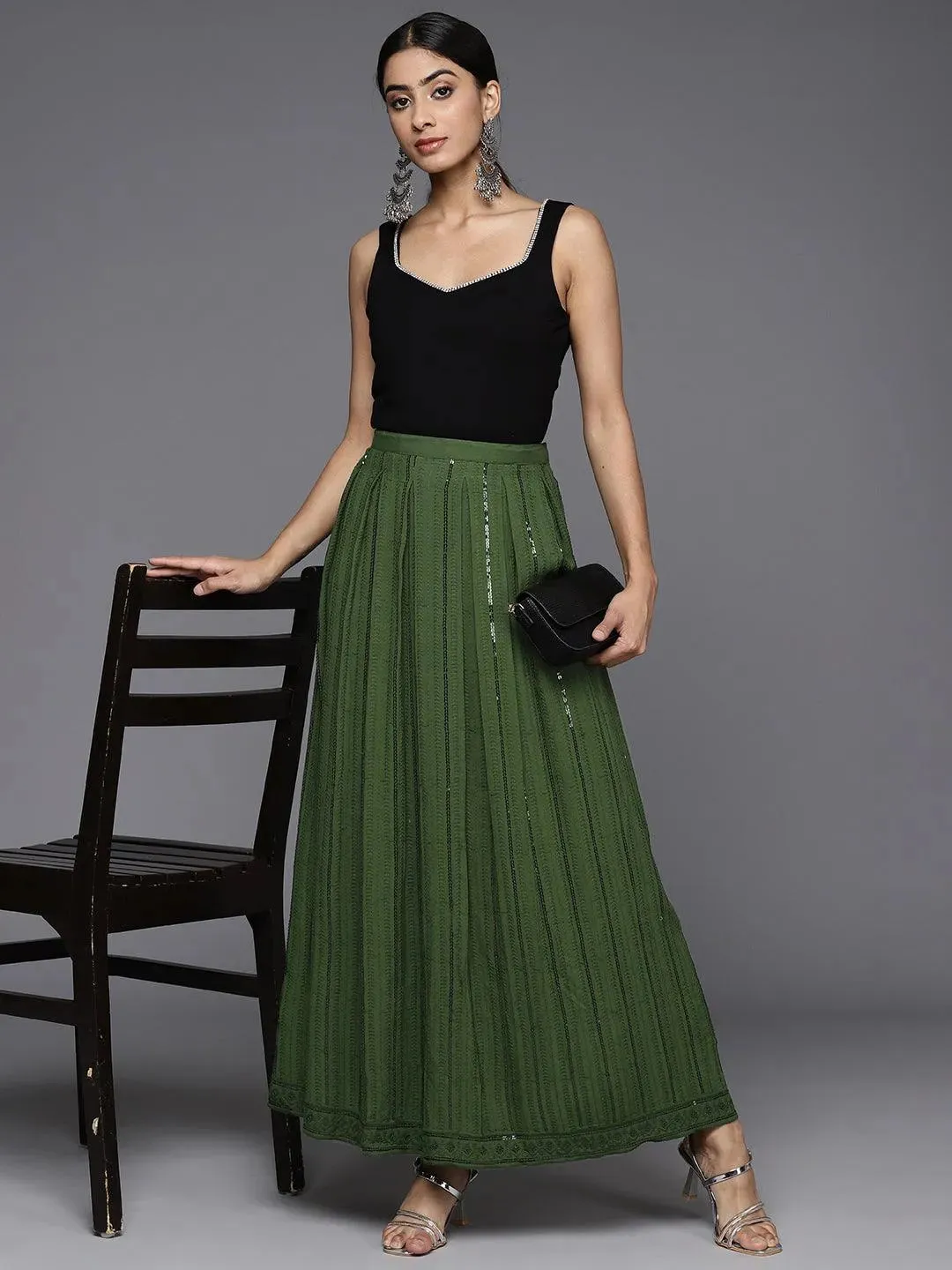 Green Embellished Rayon Skirts