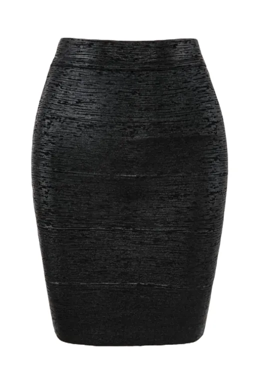 High Waist Leather Pencil Skirt Mini Length - Metallic Black