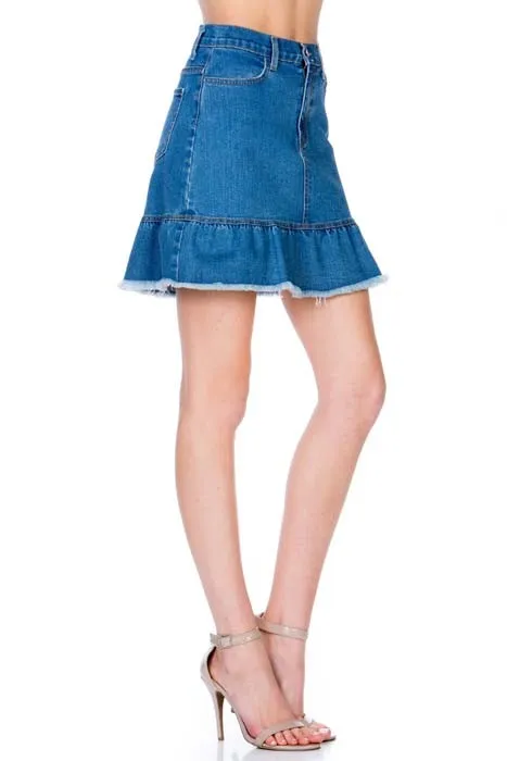 High Waisted A-line Ruffle Hem Denim Skirt