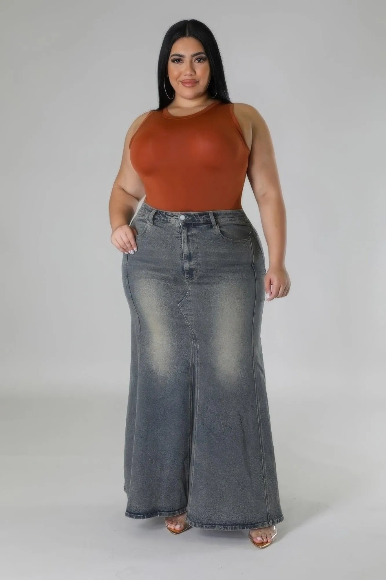 High-waisted Stretch Long Denim Skirt