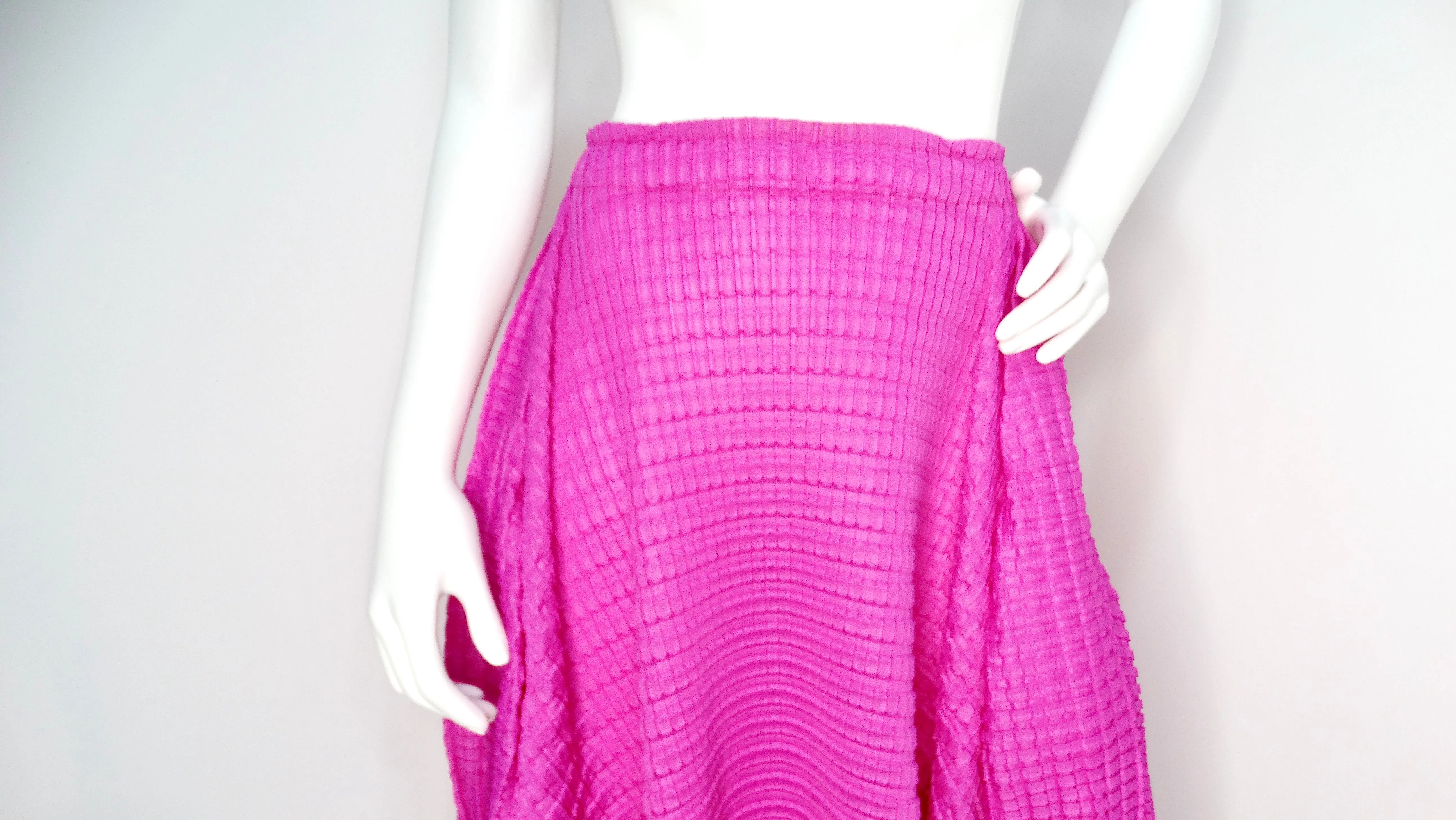 Issey Miyake 1990s Pleats Please Magenta Asymmetric Hem Midi Skirt