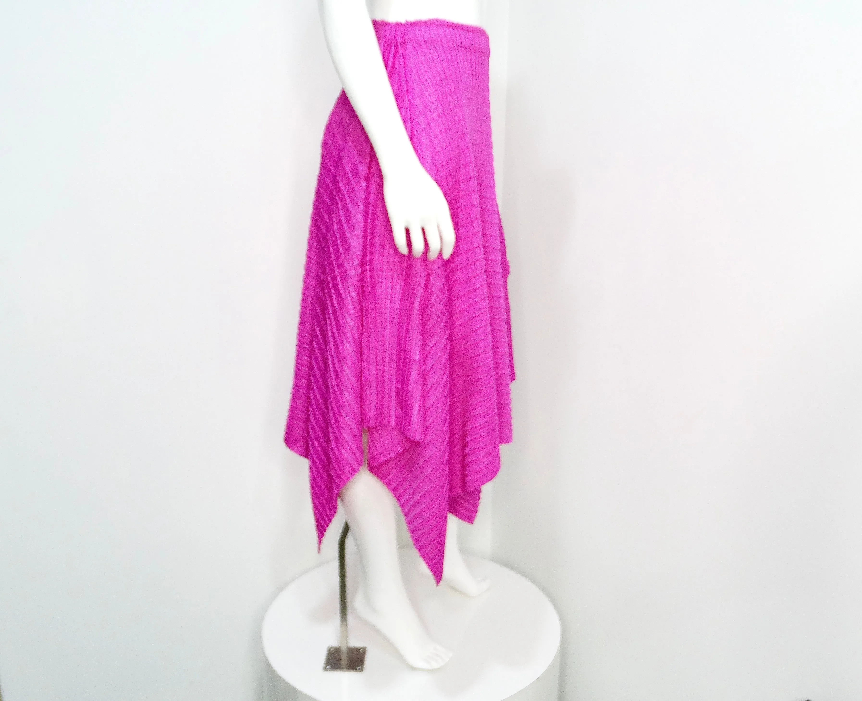 Issey Miyake 1990s Pleats Please Magenta Asymmetric Hem Midi Skirt