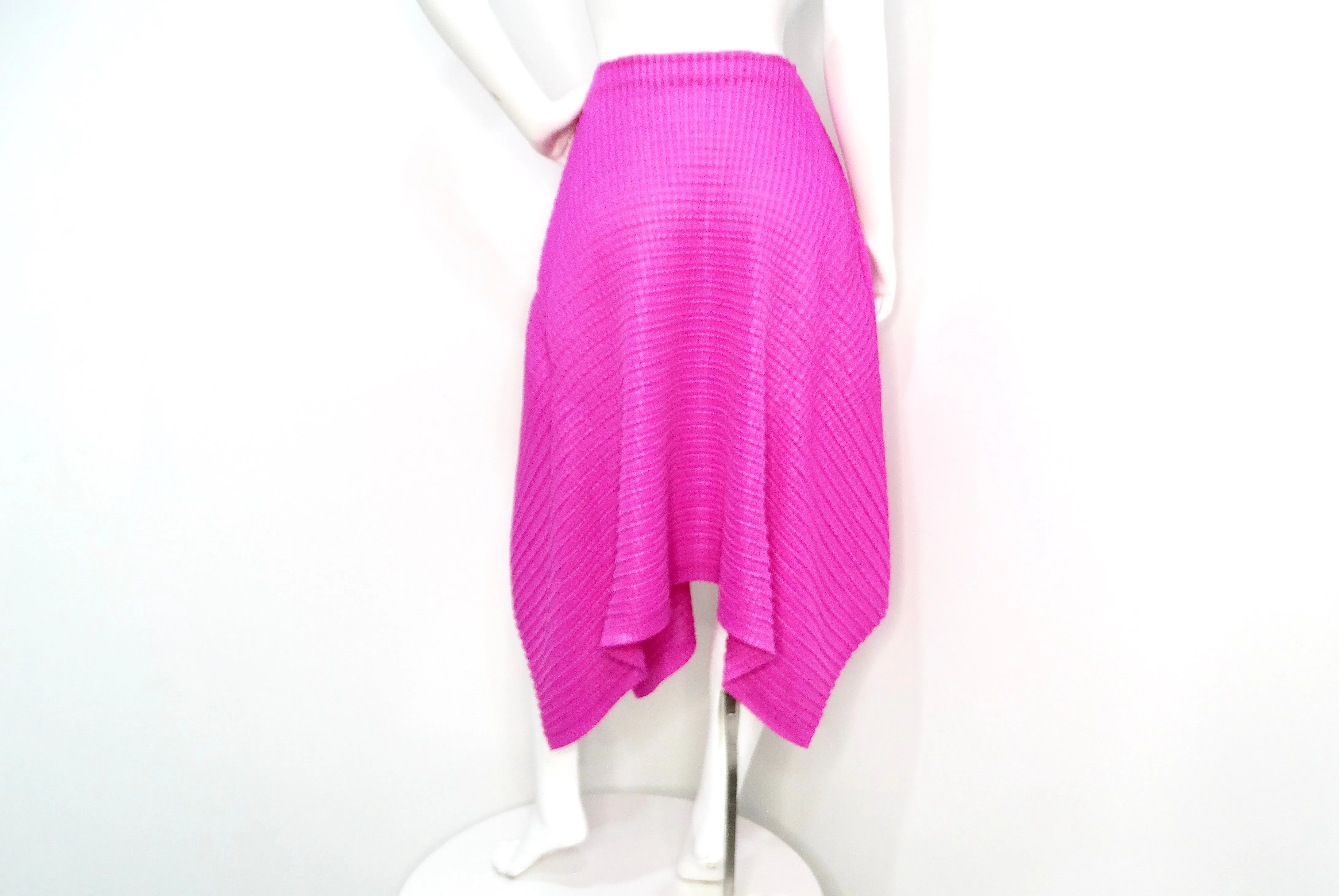 Issey Miyake 1990s Pleats Please Magenta Asymmetric Hem Midi Skirt