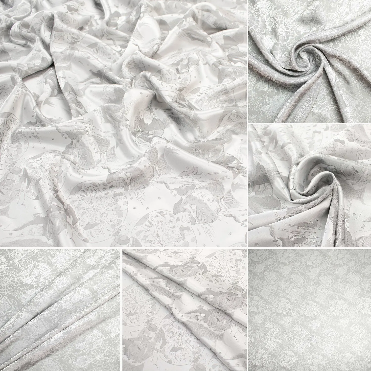 Jacquard Embossed Satin Nautical Prints Silver