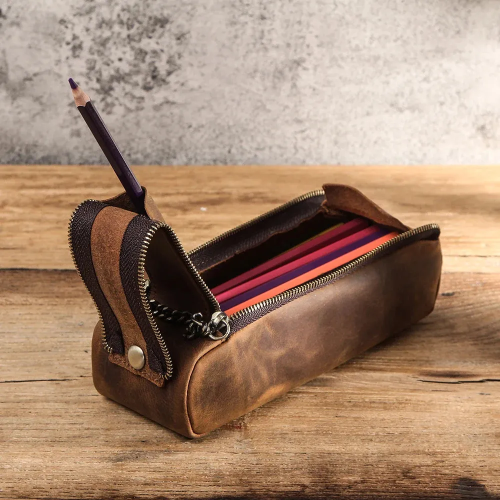 Leather Zipper Pen vintage Pencil Case