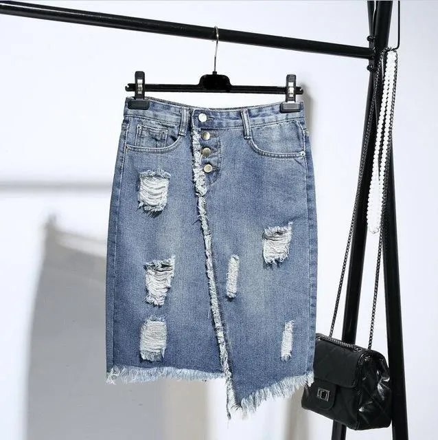 Light Blue Button Ripped Midi Denim Skirts