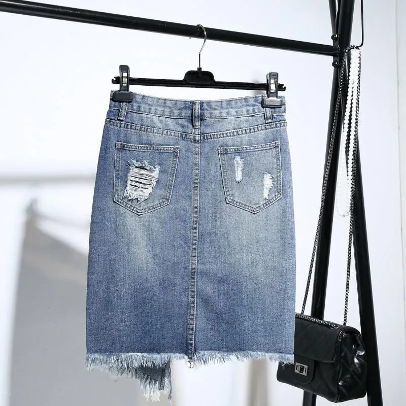 Light Blue Button Ripped Midi Denim Skirts