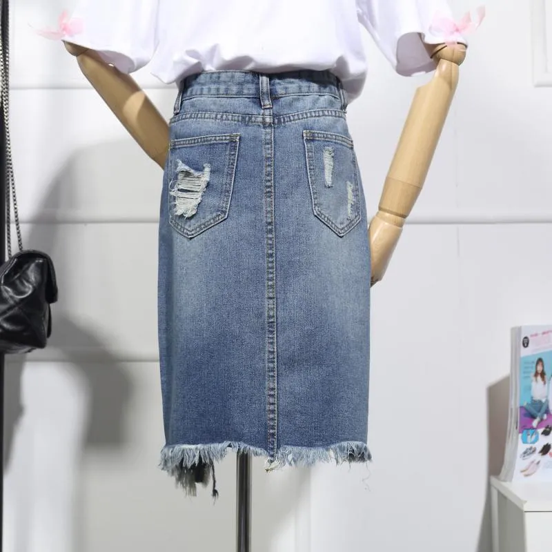 Light Blue Button Ripped Midi Denim Skirts