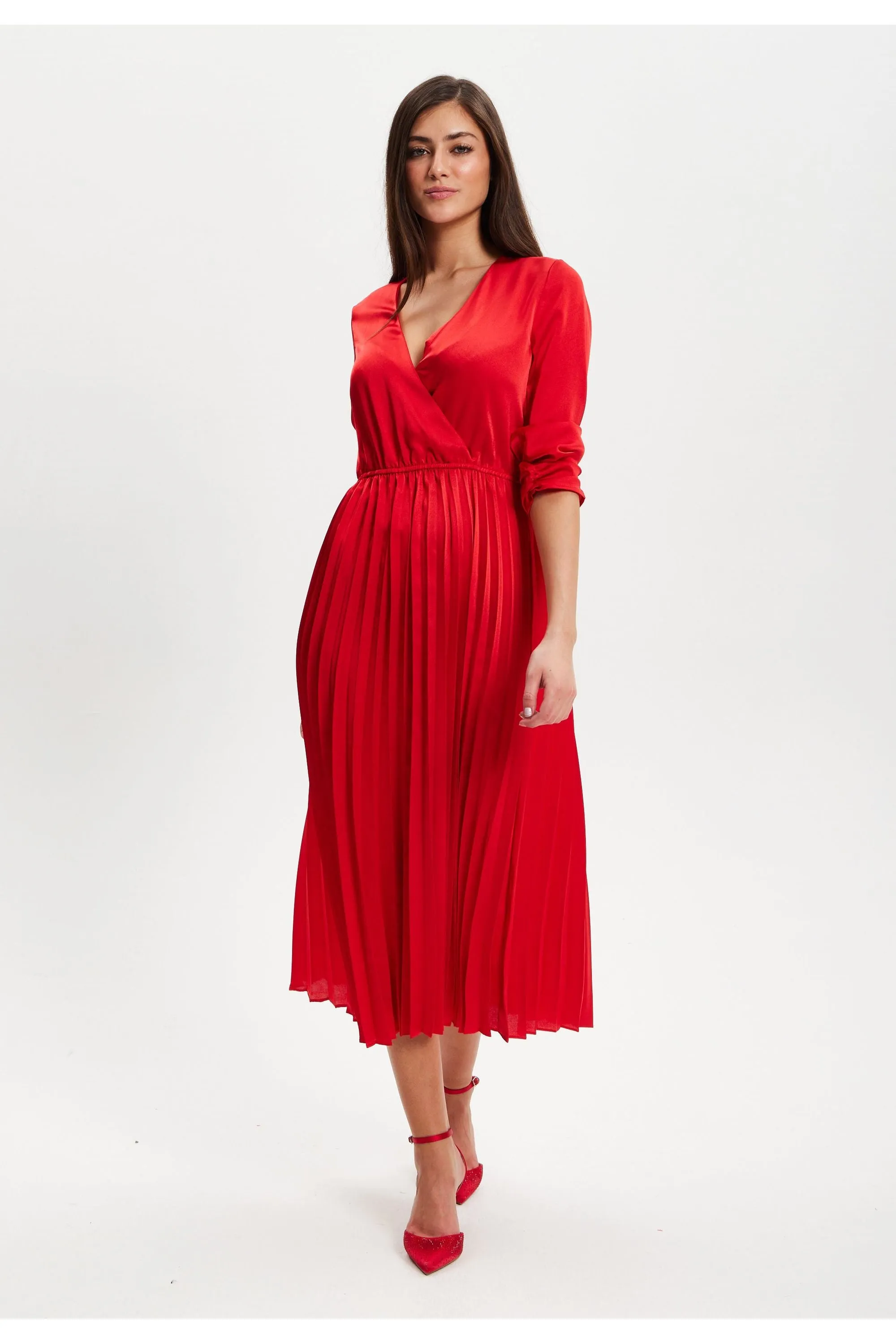 Liquorish Red Midi Dress With Pleat Details