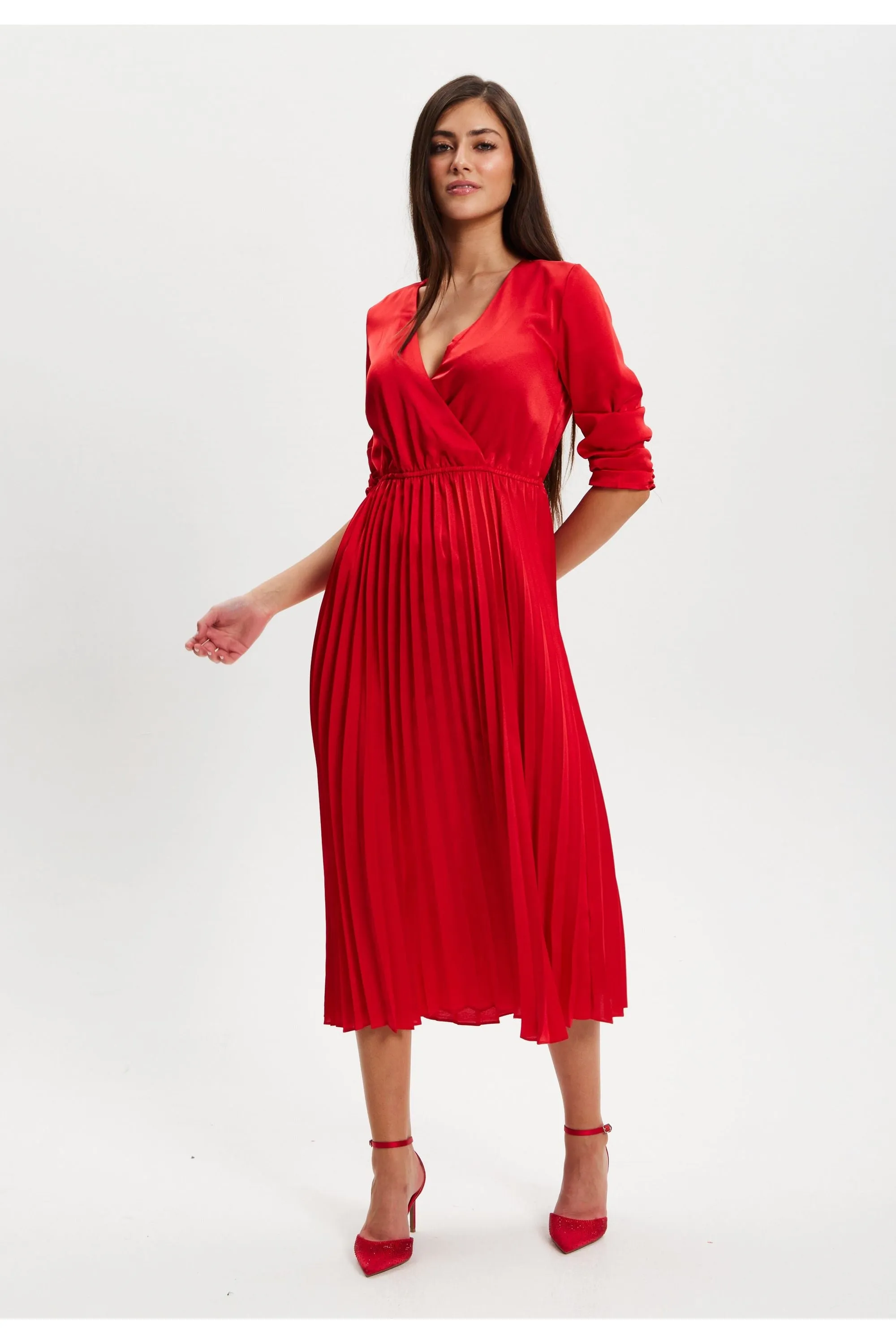 Liquorish Red Midi Dress With Pleat Details