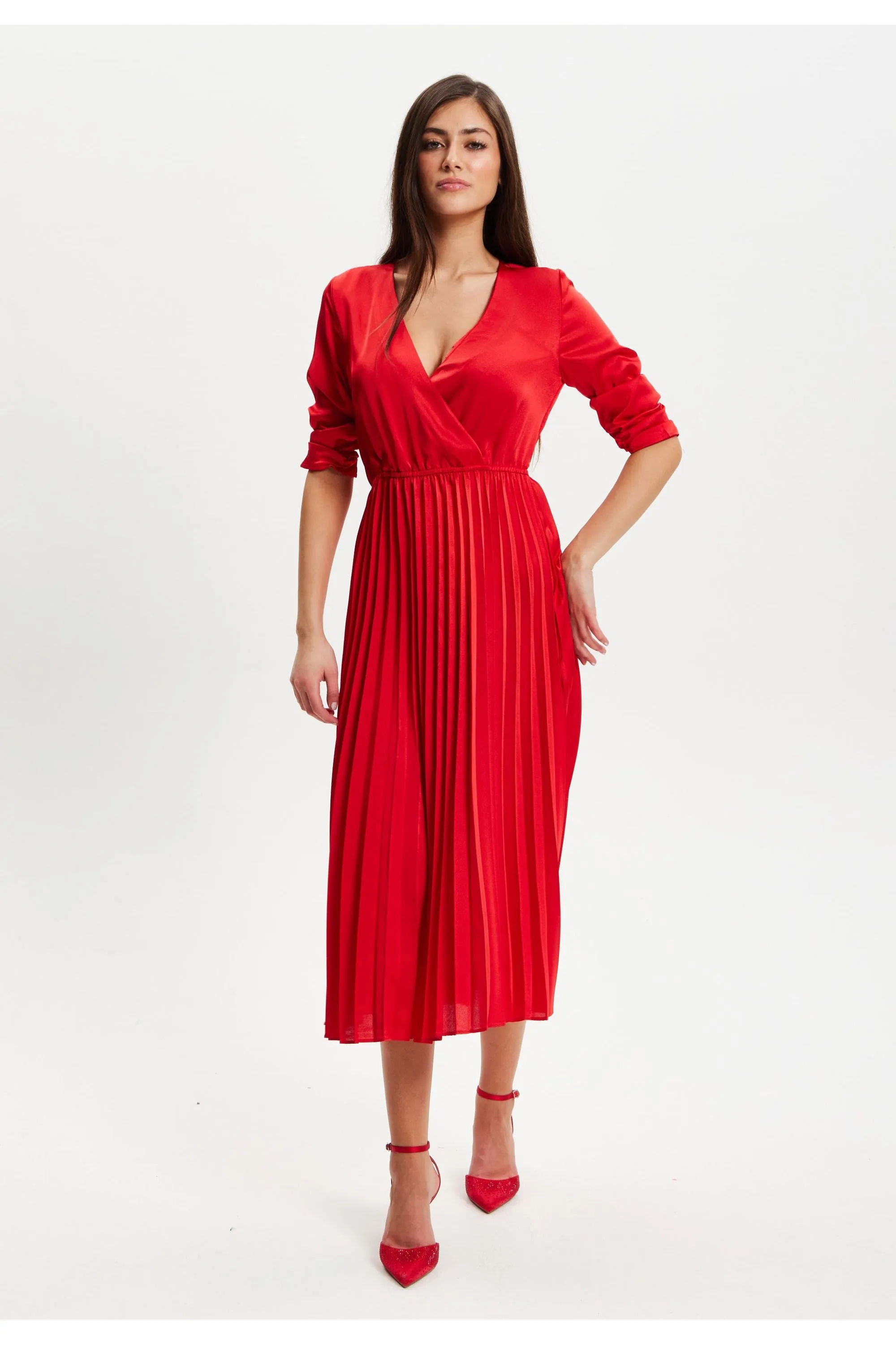 Liquorish Red Midi Dress With Pleat Details