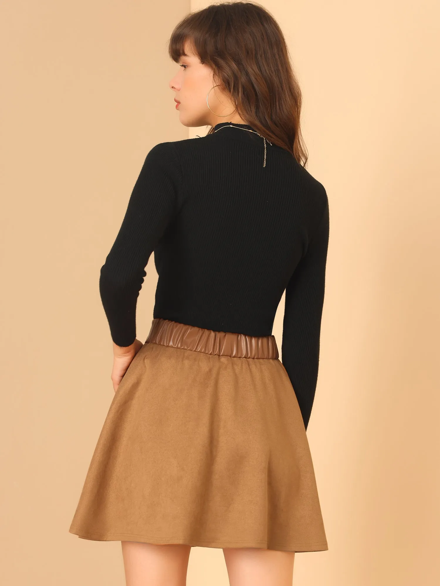 Mini Length Faux Suede Tie Decor Flare Fit A-Line Skirt