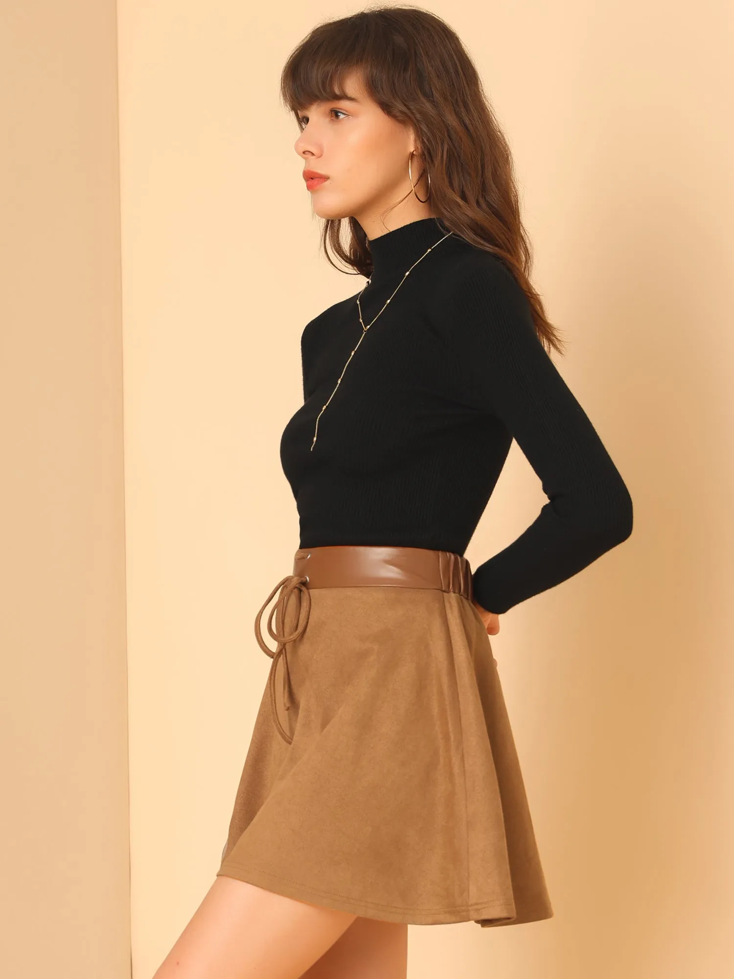 Mini Length Faux Suede Tie Decor Flare Fit A-Line Skirt