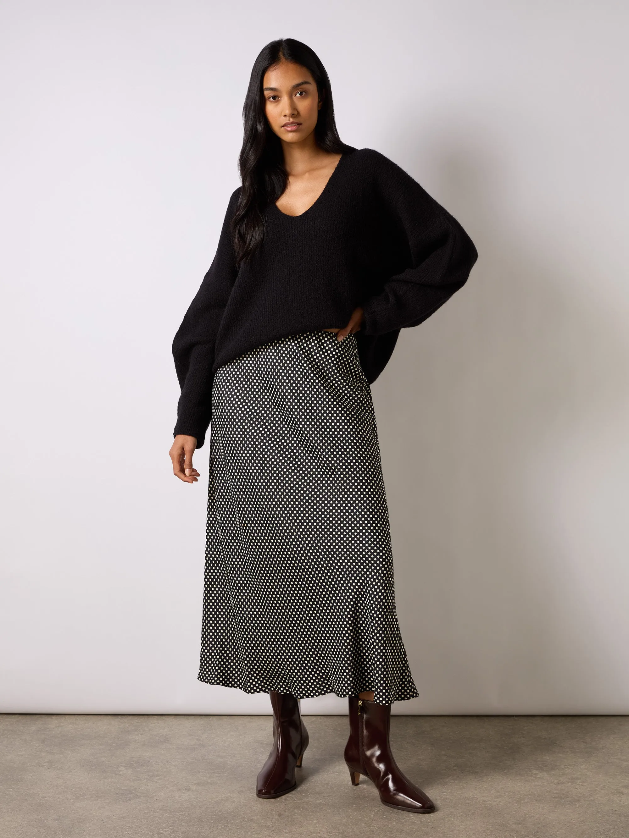 Mono Polka Dot Print Satin Skirt