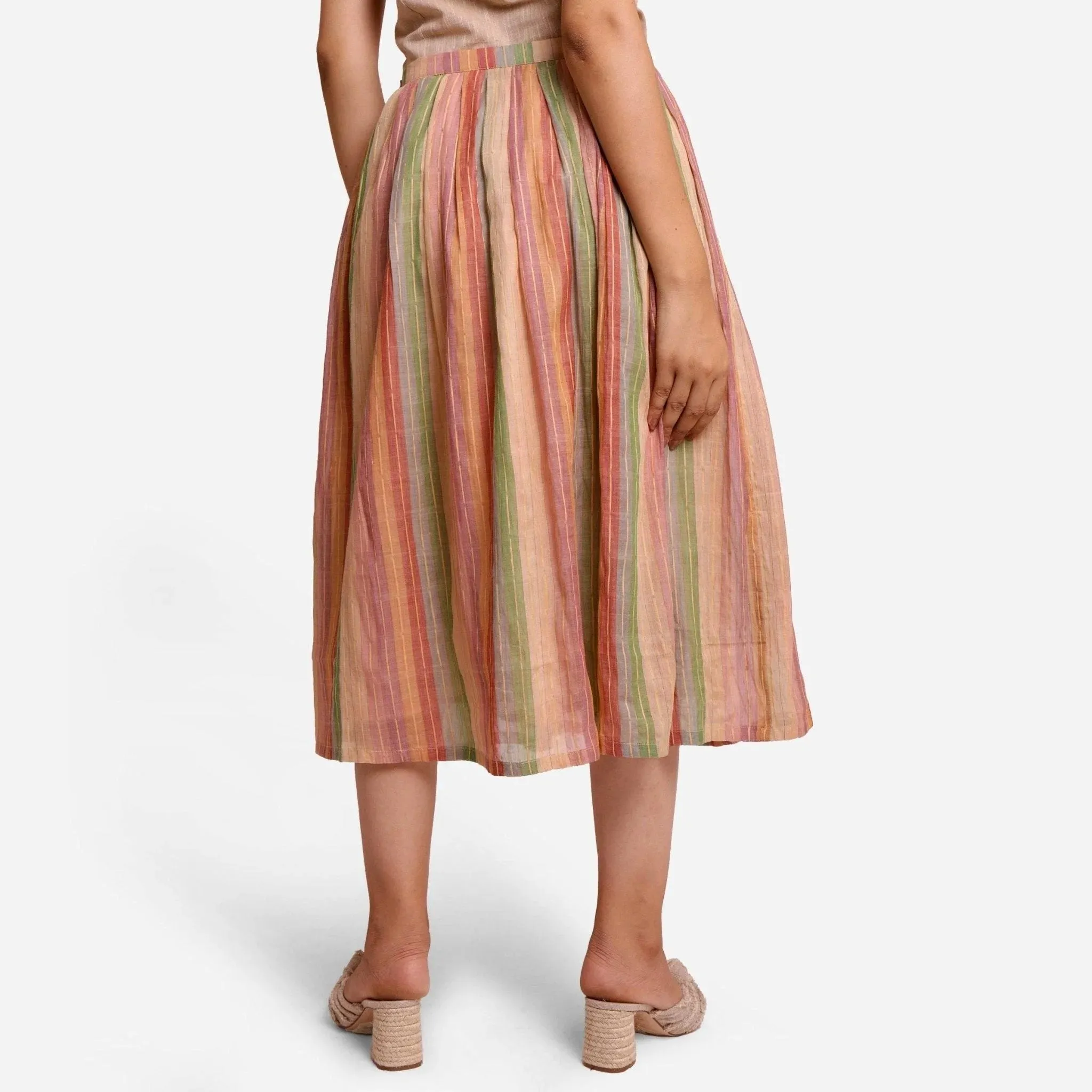 Multicolor Handwoven Cotton Striped Pleated Maxi Skirt