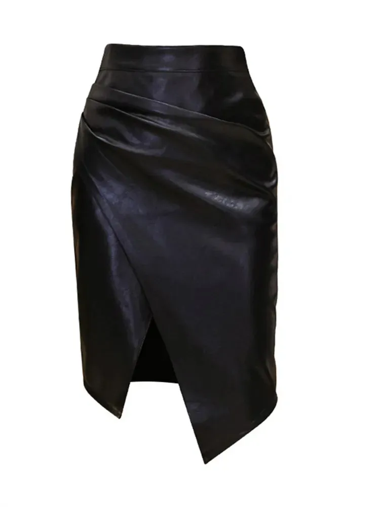 New Women's PU Leather Skirt Fashion Office Ladies Irregualer High Waist Slim Midi Length Women's Skirts Female