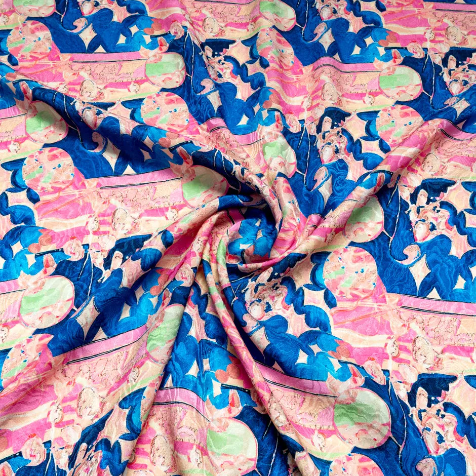 Pink & Blue Abstract Printed Silk Jacquard