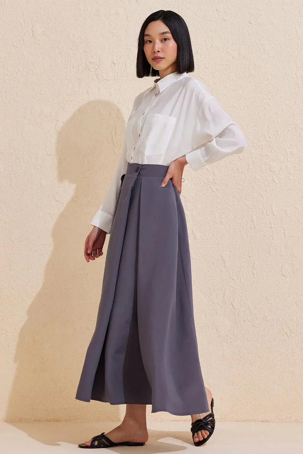 Pleated Flared Long Skirt Gray