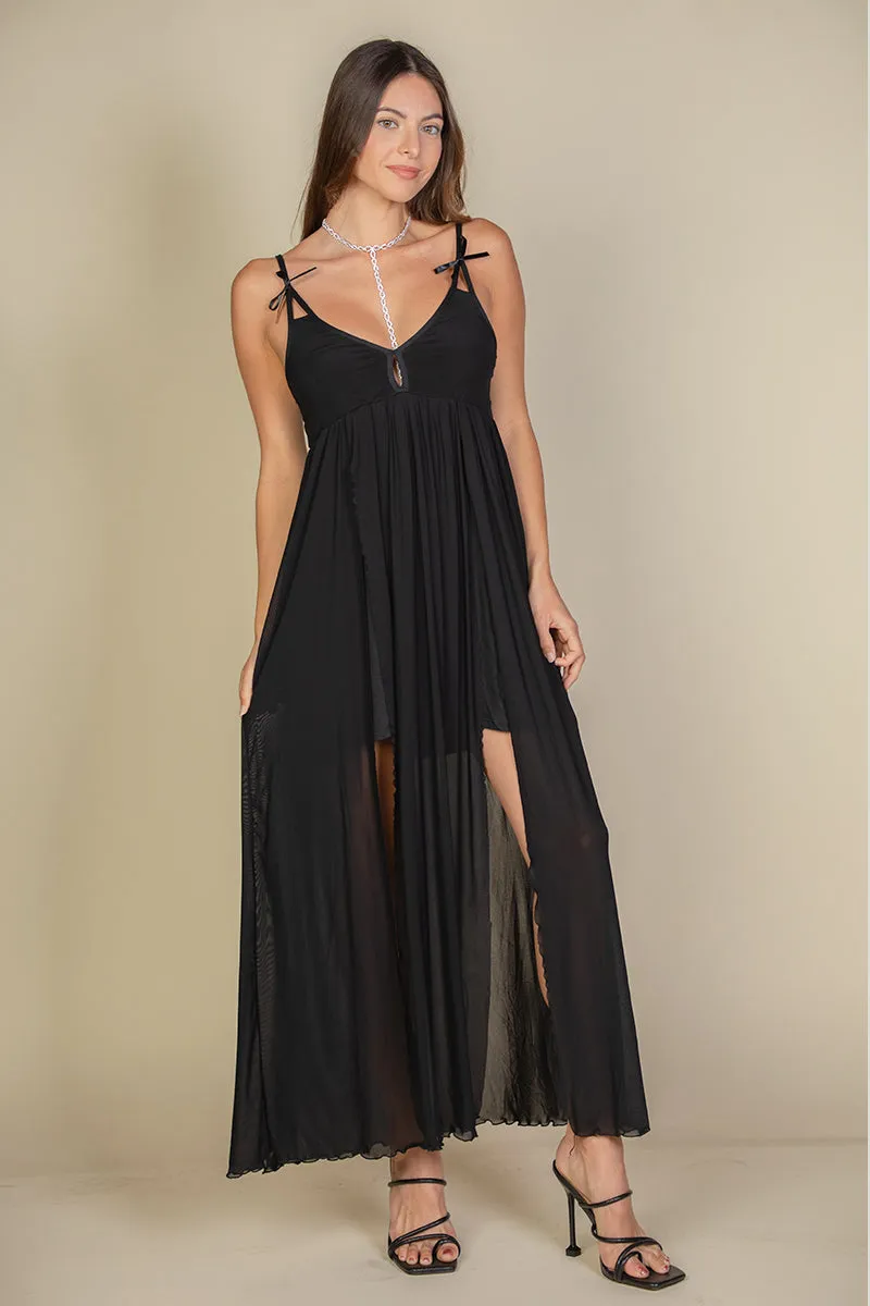 Plunge Neck Split Thigh Mesh Maxi Dress (CAPELLA)