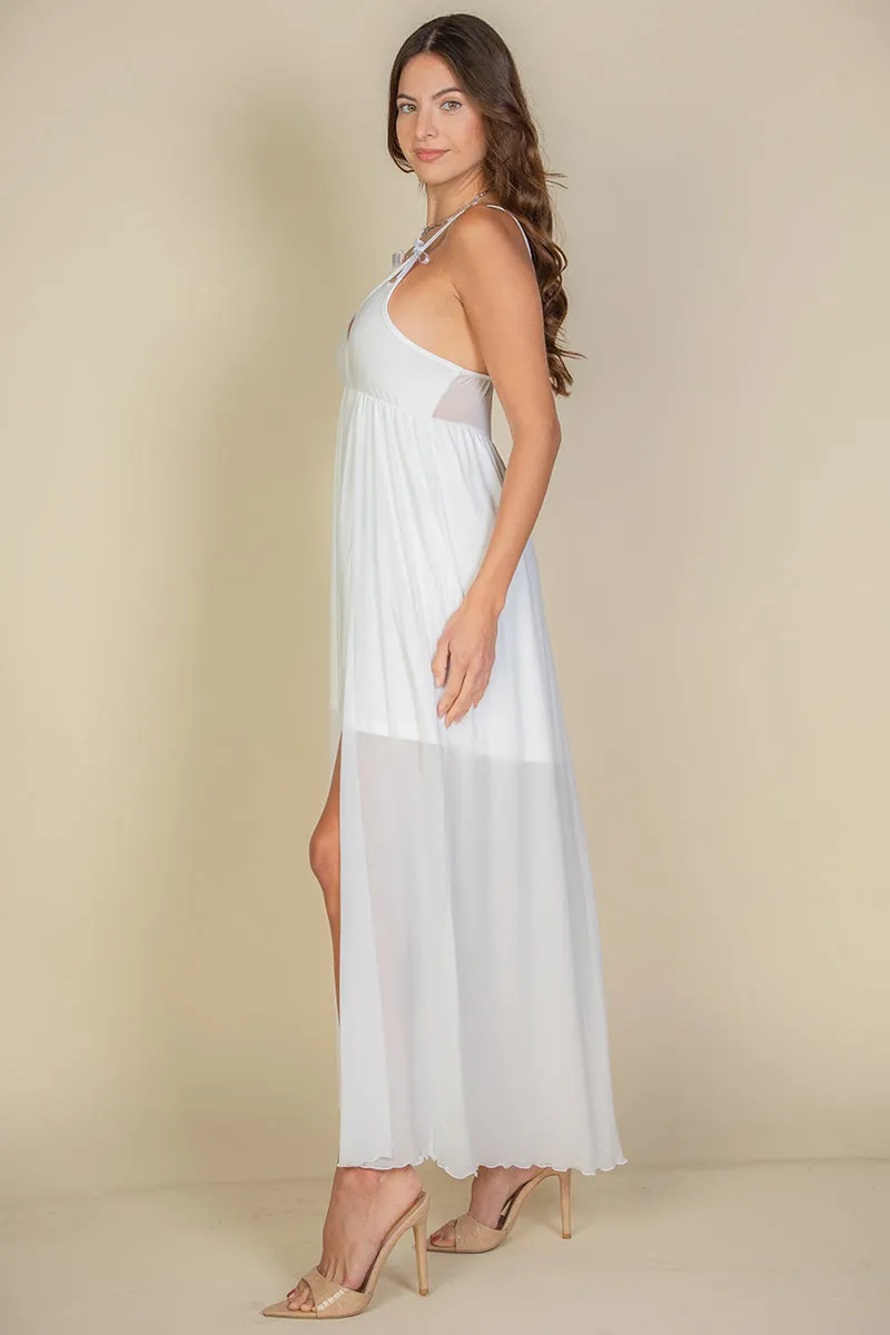 Plunge Neck Split Thigh Mesh Maxi Dress (CAPELLA)