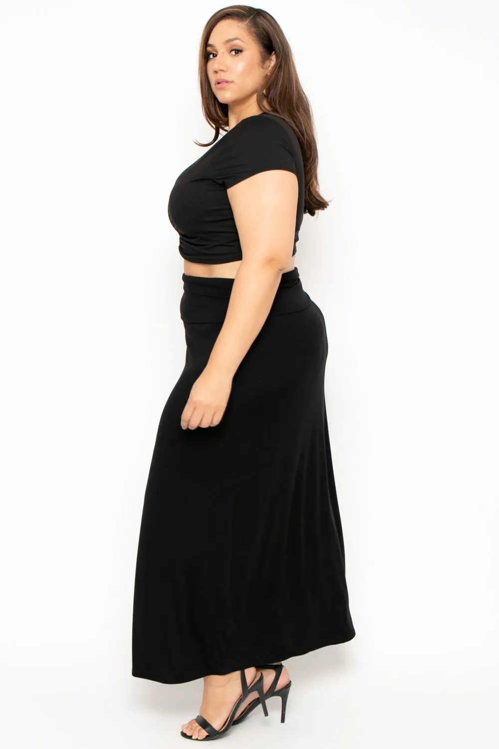 Plus Size Foldover Maxi Skirt - Black