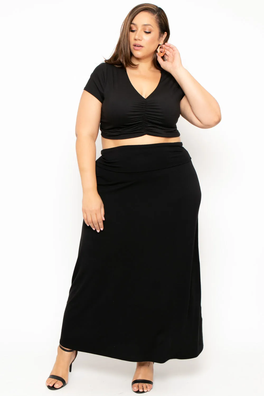 Plus Size Foldover Maxi Skirt - Black