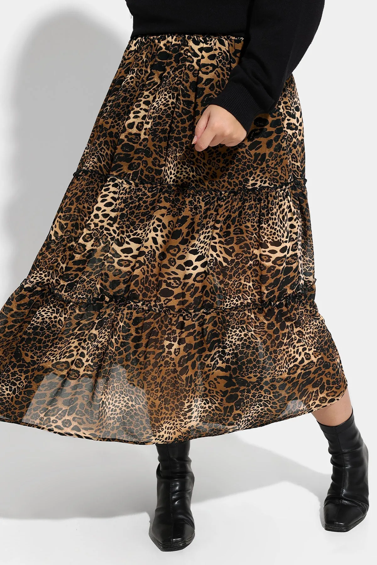 Pocket Leopard Mesh Flowy Shirred Mixi Skirt