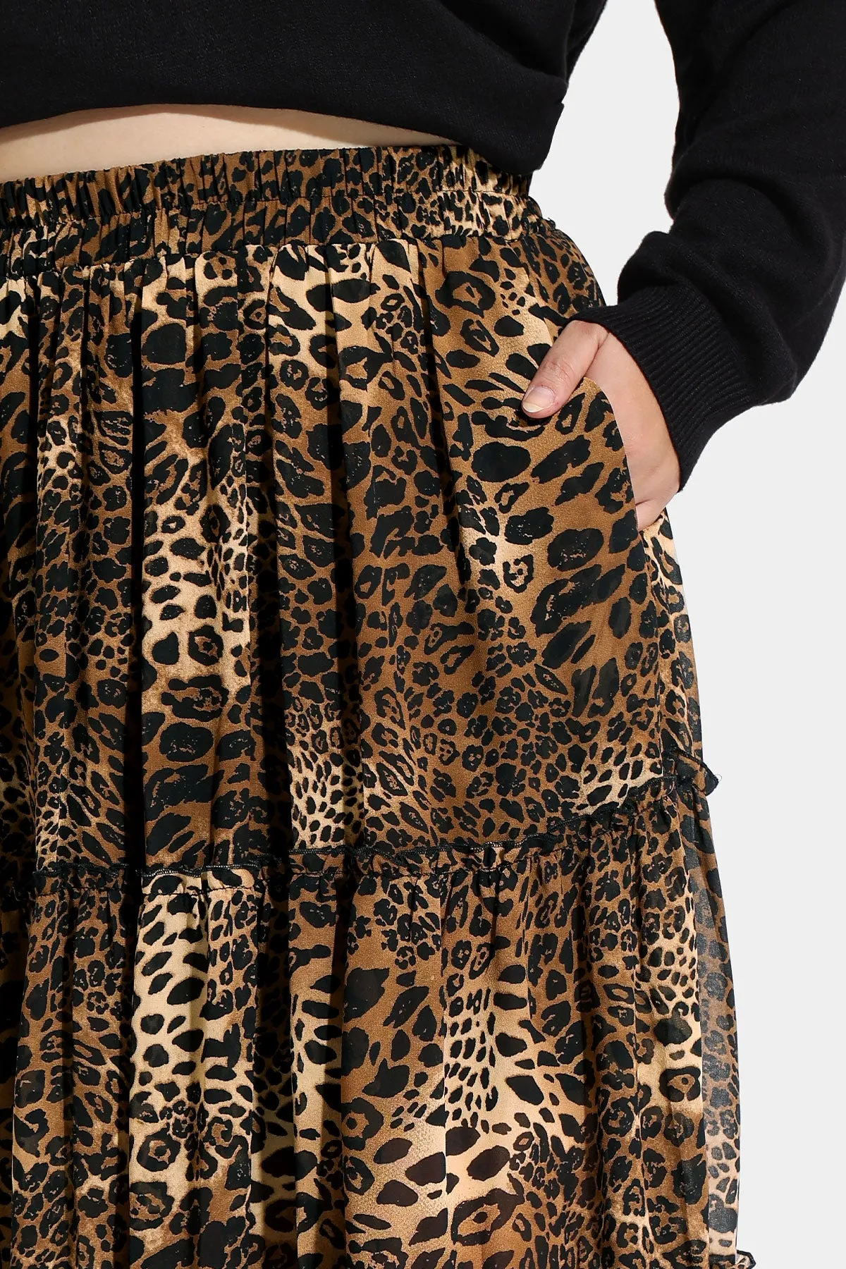 Pocket Leopard Mesh Flowy Shirred Mixi Skirt